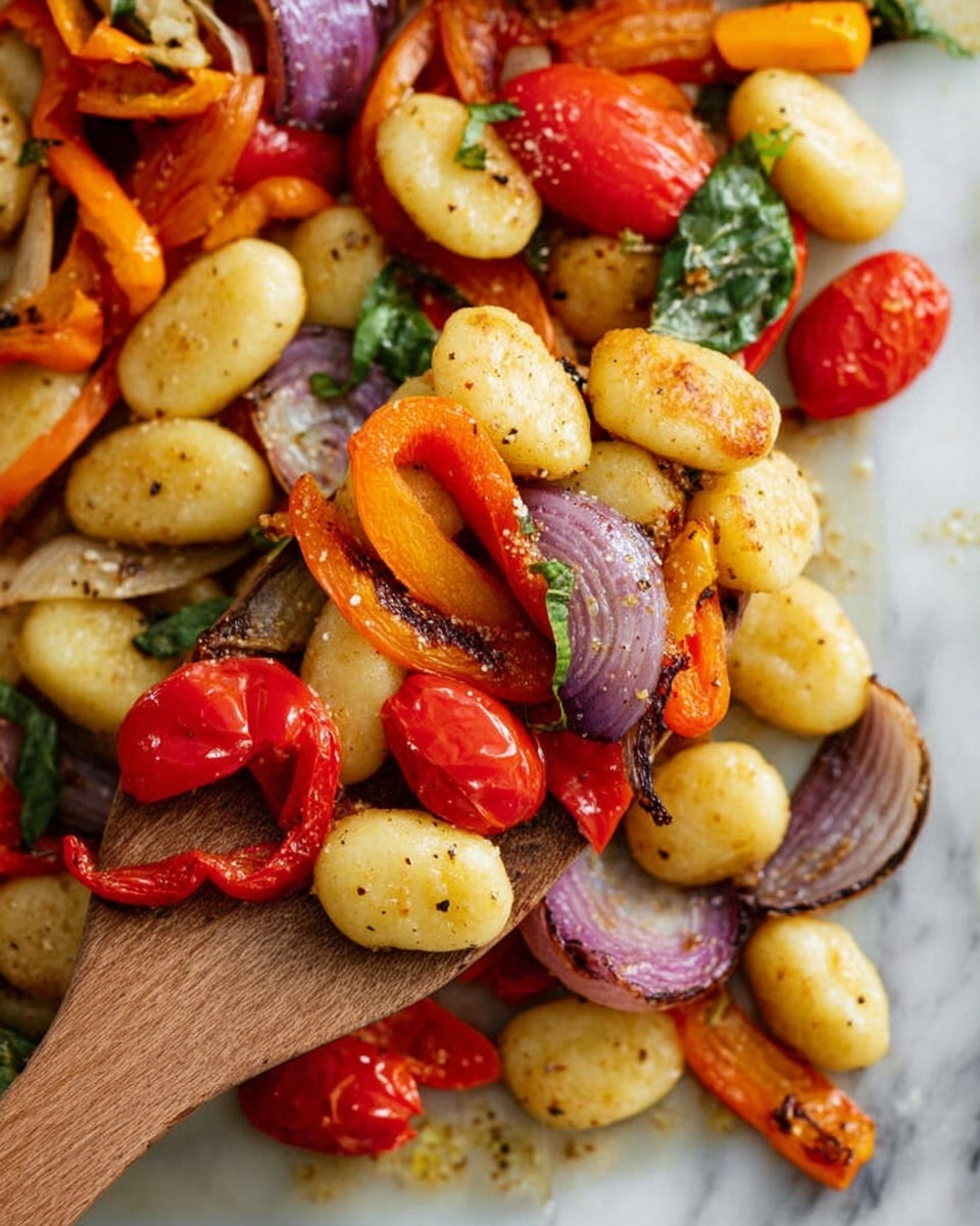 This image shows a close-up of a wooden spatula lifting a mix of cooked gnocchi and colorful vegetables on a white marbled surface. The dish has three main layers: soft, light golden gnocchi with a slightly crispy texture, slices of bright orange and red bell peppers, and pieces of red onion with a purple hue. Scattered among these are shiny, roasted cherry tomatoes in vibrant red tones and some green leafy herbs peeking through. The colors are warm and inviting, and the textures range from tender gnocchi to slightly charred, crisp vegetables. Photo taken with an iphone --ar 4:5 --v 7