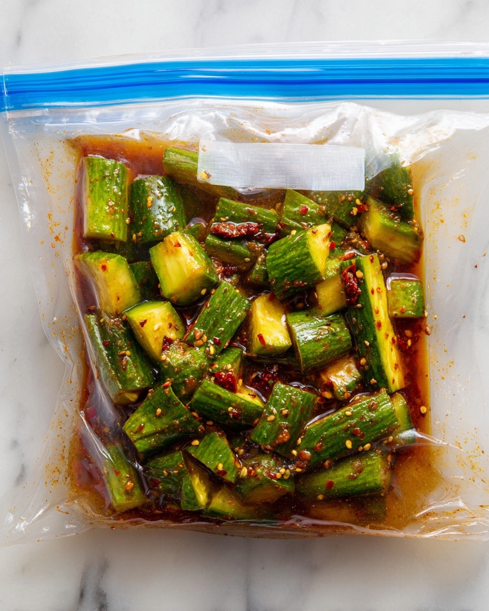 A clear plastic ziplock bag is filled with bright green cucumber pieces cut into short thick sticks, mixed with a dark brown sauce that has small red chili flakes and green herb bits visible, creating a vibrant contrast inside the bag. The bag is sealed with a blue zipper, and it lies on a white marbled surface. Tiny droplets of sauce cling to the inside of the bag, making it look fresh and juicy. photo taken with an iphone --ar 4:5 --v 7