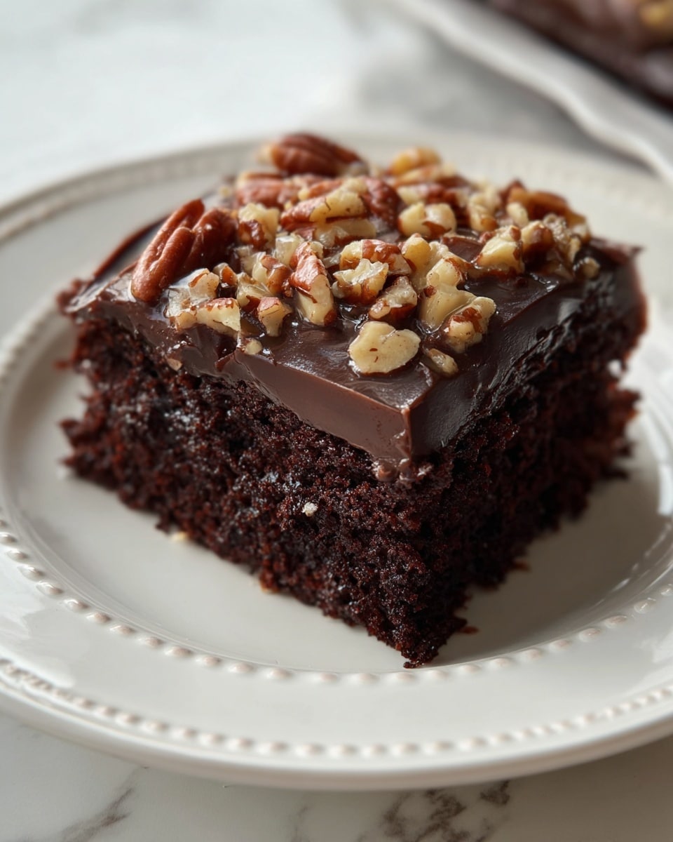 A single square piece of chocolate cake on a white plate, showing two thick layers of dark brown moist cake. Between and on top of the layers is rich, smooth, glossy chocolate frosting. The top layer of frosting is decorated with small pieces of light brown chopped nuts scattered evenly. The cake is set on a white marbled surface with a soft focus background including a cloth with green and red flower patterns. Photo taken with an iphone --ar 4:5 --v 7