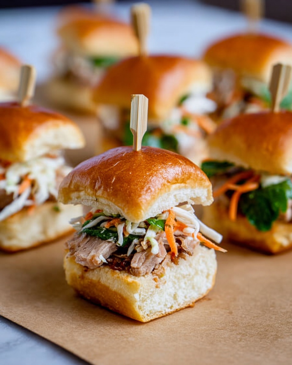 A woman's hand holds a small sandwich with a soft, golden brown top bun. Inside, there is a layer of grilled light brown meat with slightly charred edges, topped with a mix of white and green shredded cabbage and some thin orange carrot strips. The sandwich sits on a soft white bottom bun. In the background, there are similar sandwiches stacked in a glass dish on a white marbled surface. Photo taken with an iphone --ar 4:5 --v 7