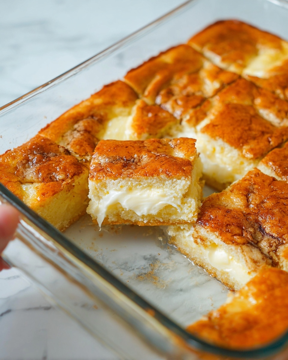 Apple Earthquake Cake Recipe 5 The image shows a baked dish in a clear glass rectangular pan, with one piece removed from the front left corner, revealing three layers: a golden-brown crust on top, a thick creamy white cheese layer in the middle that is melting and stretching slightly, and a brownish base layer at the bottom. The cheese layer is soft and slightly glossy, with parts oozing into the crust. The top once whole crust is firm with a textured surface and is divided into square sections by visible cuts. The dish is placed on a white marbled surface with a hint of a cloth visible underneath. photo taken with an iphone --ar 4:5 --v 7