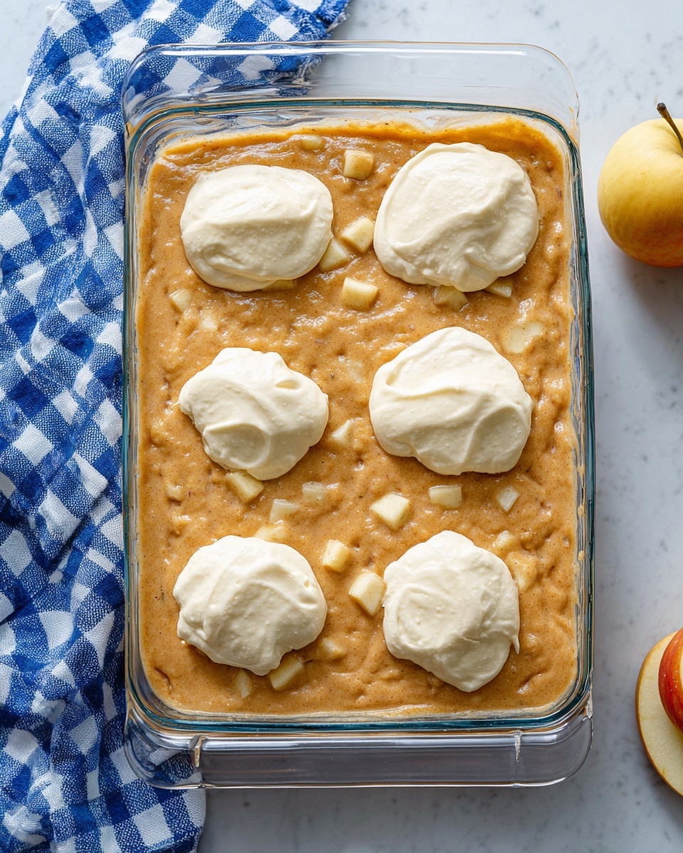 Apple Earthquake Cake Recipe 4 A clear glass baking dish filled with a thick, light brown batter that has small yellow chunks mixed throughout, spread evenly to cover the entire base of the dish. On top of the batter, there are six smooth dollops of creamy white mixture spaced evenly in two rows of three. The dish is placed on a white marbled surface next to a blue and white checkered cloth and a yellow apple, with a small portion of a wooden spoon visible in the corner. Photo taken with an iphone --ar 4:5 --v 7