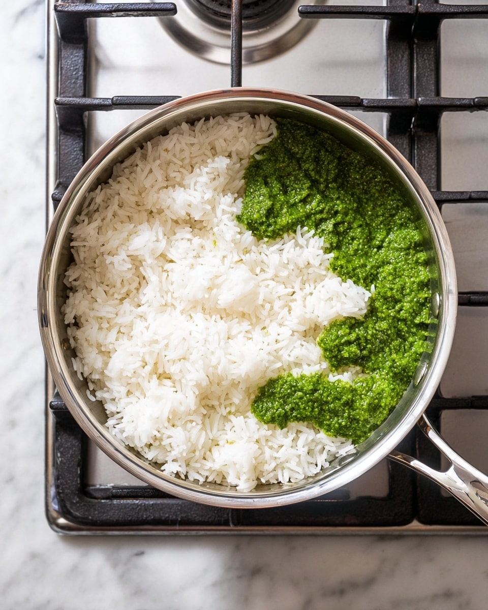 A shiny steel pan sitting on a gas stove, filled with white cooked rice covering about two-thirds of the pan, with a bright green sauce spread over the right side of the rice. The rice grains look soft and fluffy, while the green sauce has a smooth and slightly chunky texture. The pan handles are visible on the sides, and the gas stove has black burner grates with a silver metal surface beneath. The whole scene is seen from above, centered in the frame on a white marbled surface. photo taken with an iphone --ar 4:5 --v 7