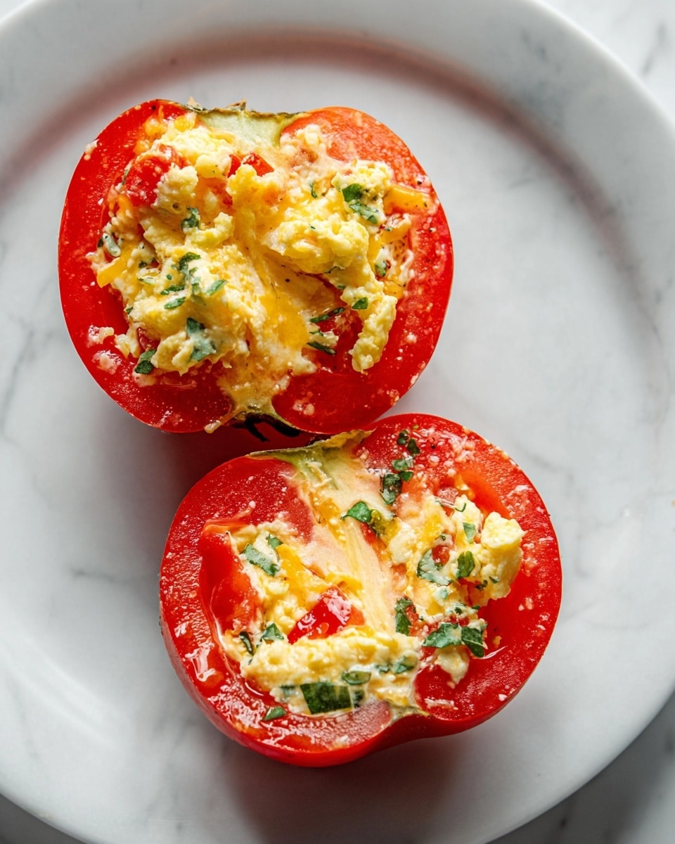 The image shows two halves of a bright red tomato placed open side up on a white plate with a white marbled texture underneath. Each tomato half is filled with a creamy mixture that has visible layers of grated yellow cheese, small bits of green herbs, and white creamy sauce. The filling has a slightly chunky texture with hints of red from small pepper pieces mixed in. The tomato's skin looks shiny and moist, while the cheese and creamy filling inside appear soft and rich. photo taken with an iphone --ar 4:5 --v 7
