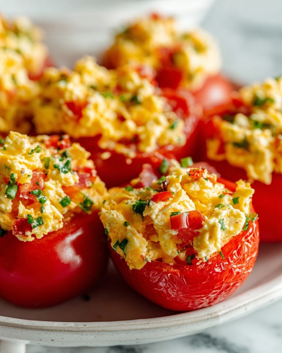 The image shows a close-up of several stuffed red tomatoes arranged on a white plate, which is placed on a white marbled surface. Each tomato is hollowed out and filled with a creamy mixture made of shredded yellow cheese, small pieces of red pepper, and chopped green herbs, giving a colorful and textured look to the filling. The creamy filling is piled high above the rim of each tomato, creating a soft and slightly uneven mound. The overall scene is bright and vibrant, with the shiny red of the tomatoes contrasting with the yellow, white, red, and green of the filling. Photo taken with an iphone --ar 4:5 --v 7