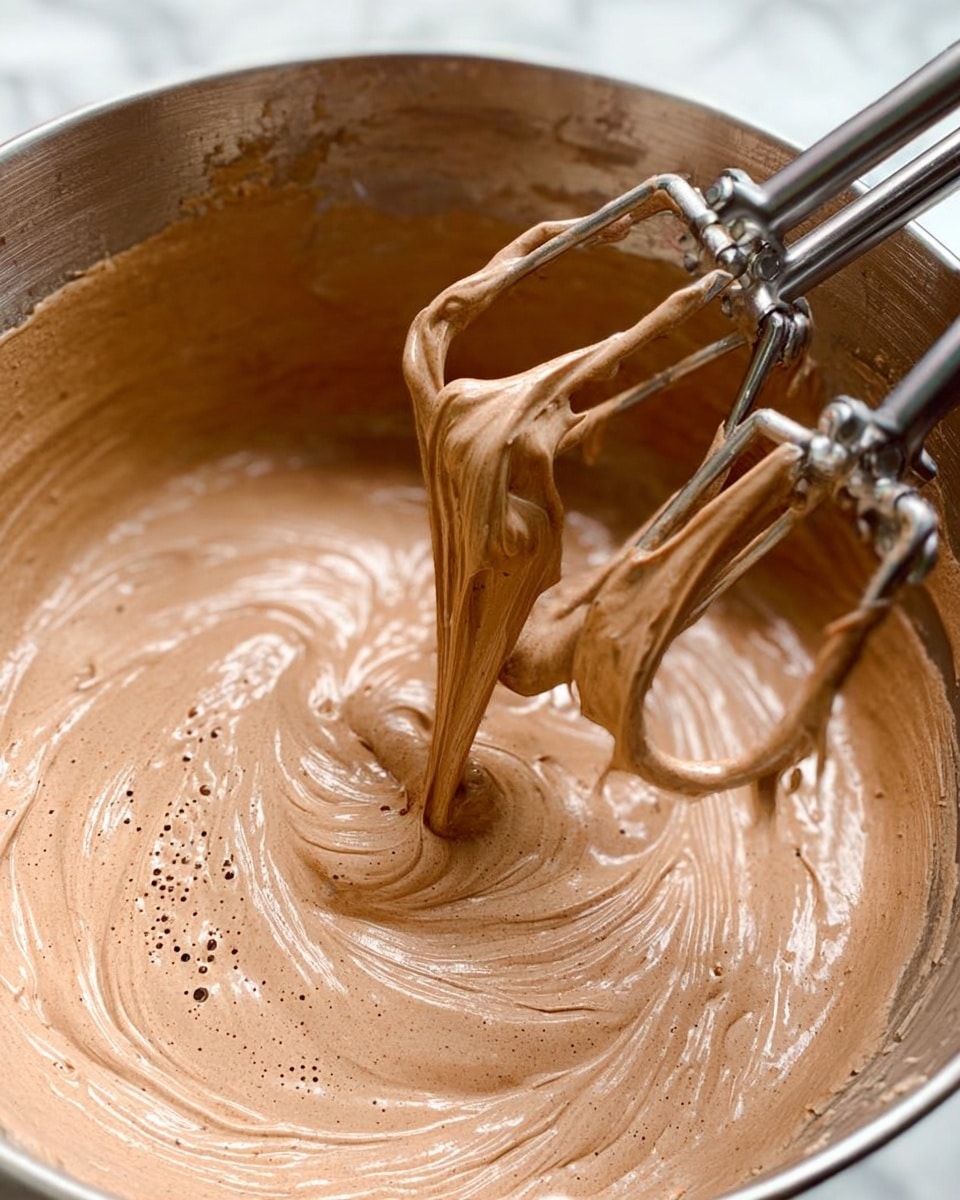 A close-up view of a metal mixing bowl filled with light brown, smooth, and creamy chocolate mixture. Two metal beaters from an electric mixer are lifting thick, swirled chocolate cream, showing its soft texture with small air bubbles. The background is a white marbled surface. Photo taken with an iphone --ar 4:5 --v 7