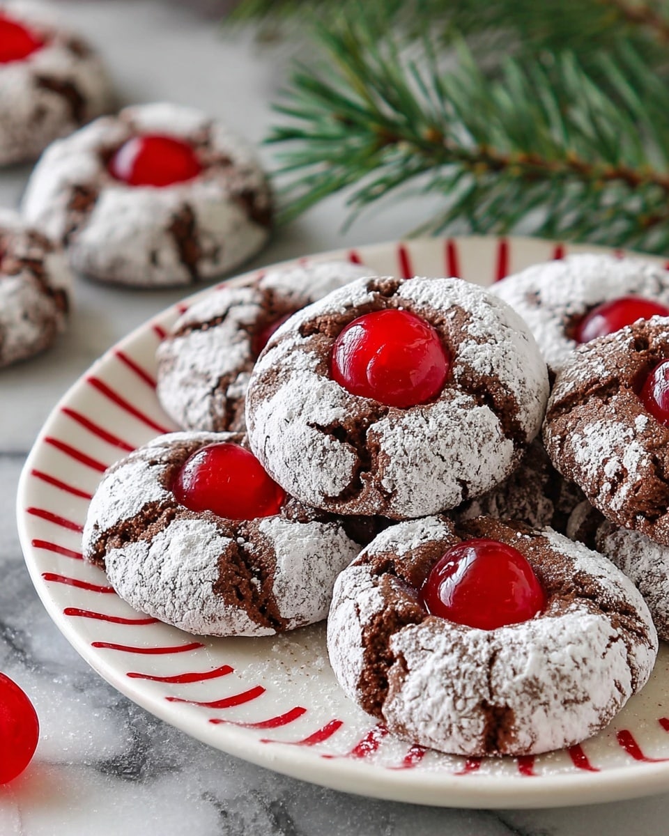 The image shows several small round desserts arranged on a white rectangular plate placed on a white marbled surface. Each dessert has a smooth, shiny dark chocolate glaze covering them completely. On top, there is a single bright red cherry placed in the center of each dessert. Around the cherry, there are small bits of light brown crunchy topping sprinkled. Dark chocolate drizzle lines decorate the plate and some parts of the desserts, adding extra shine and texture. A woman's hand is gently touching one of the desserts in front. The background is softly blurred, focusing on the treats. photo taken with an iphone --ar 4:5 --v 7