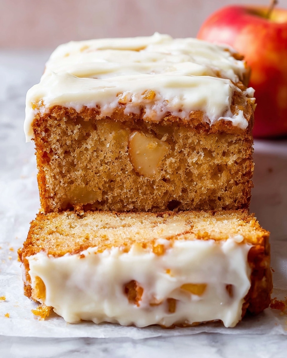 The image shows a thick loaf of apple cake with two visible layers, placed on white parchment paper on a white marbled surface. The bottom and middle layers are dense and golden brown with small apple chunks visible inside, giving a crumbly texture. Between these two layers is a thick, creamy white frosting layer that slightly drips down the edges. The top layer of the cake is similar in texture and color to the bottom, with a generous amount of the same white frosting spread unevenly on top, adding a smooth contrast to the crumbly cake. To the right side of the cake, a red apple is partially visible. Photo taken with an iphone --ar 4:5 --v 7