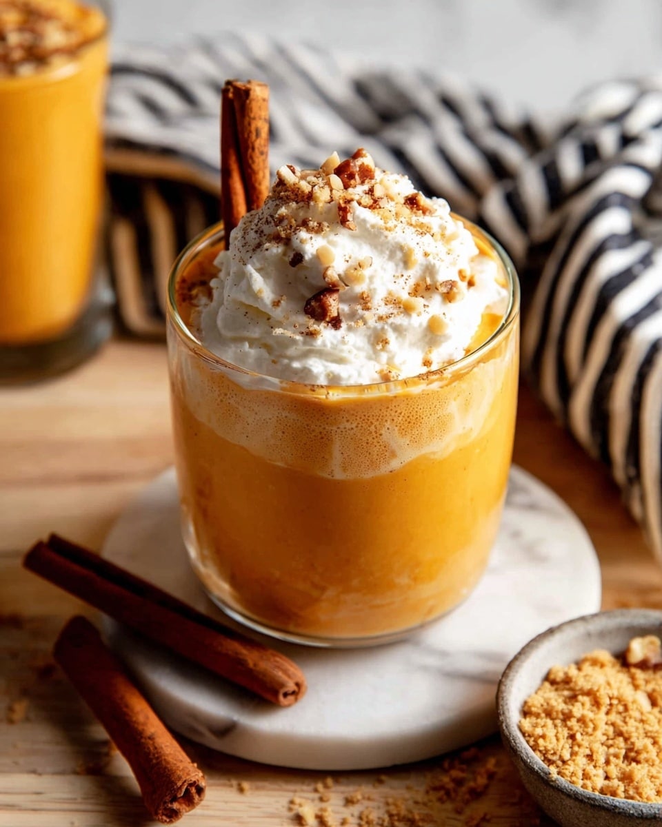 A close-up view of a glass filled with a thick, orange creamy drink layered at the bottom with a lighter cream color, topped with a large dollop of white whipped cream sprinkled with small brown nut pieces and a light dusting of spice. A brown cinnamon stick is placed upright, slightly leaning out from the whipped cream. The glass sits on a round white marble coaster on a wooden surface, with whole cinnamon sticks lying nearby and a small bowl of crushed light brown crumbs in the frame. In the background, a striped cloth adds texture but the surface is changed to white marbled texture. photo taken with an iphone --ar 4:5 --v 7