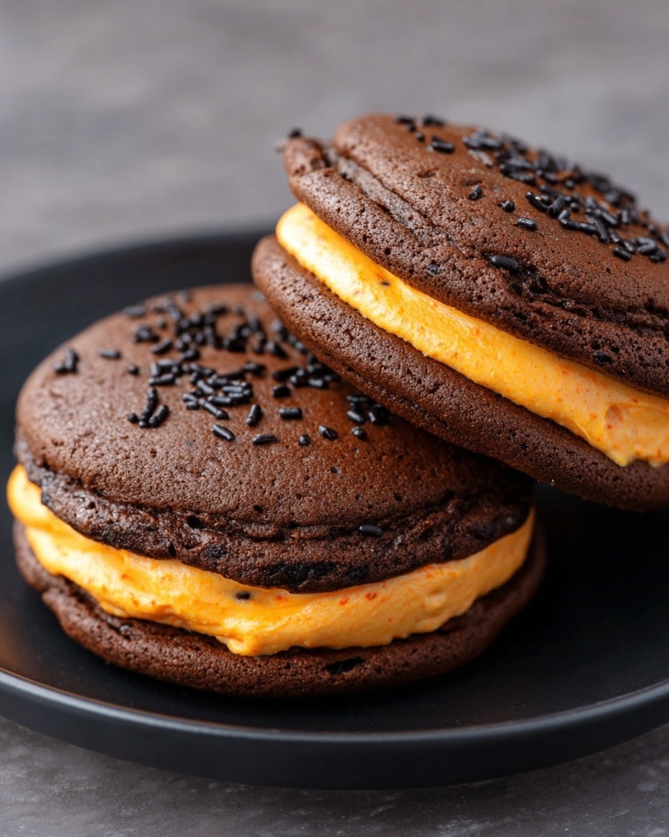 A close-up of two chocolate sandwich cookies on a black plate, each with two thick, dark brown soft cookies as the outer layers. Between them is a bright orange cream filling, smooth in texture, topped with small black sprinkles for decoration. The plate sits on a white marbled surface photo taken with an iphone --ar 4:5 --v 7