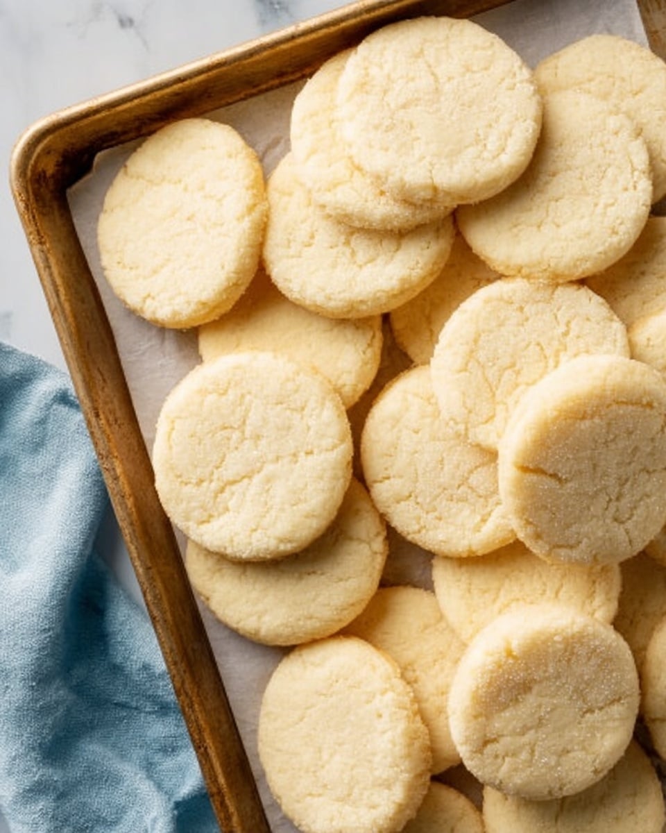 A baking tray filled with many soft, round sugar cookies. The cookies are pale golden with a slightly rough surface and are stacked and spread unevenly on the tray. The tray rests on a white marbled texture and a light blue cloth is visible on the left side. Photo taken with an iphone --ar 4:5 --v 7