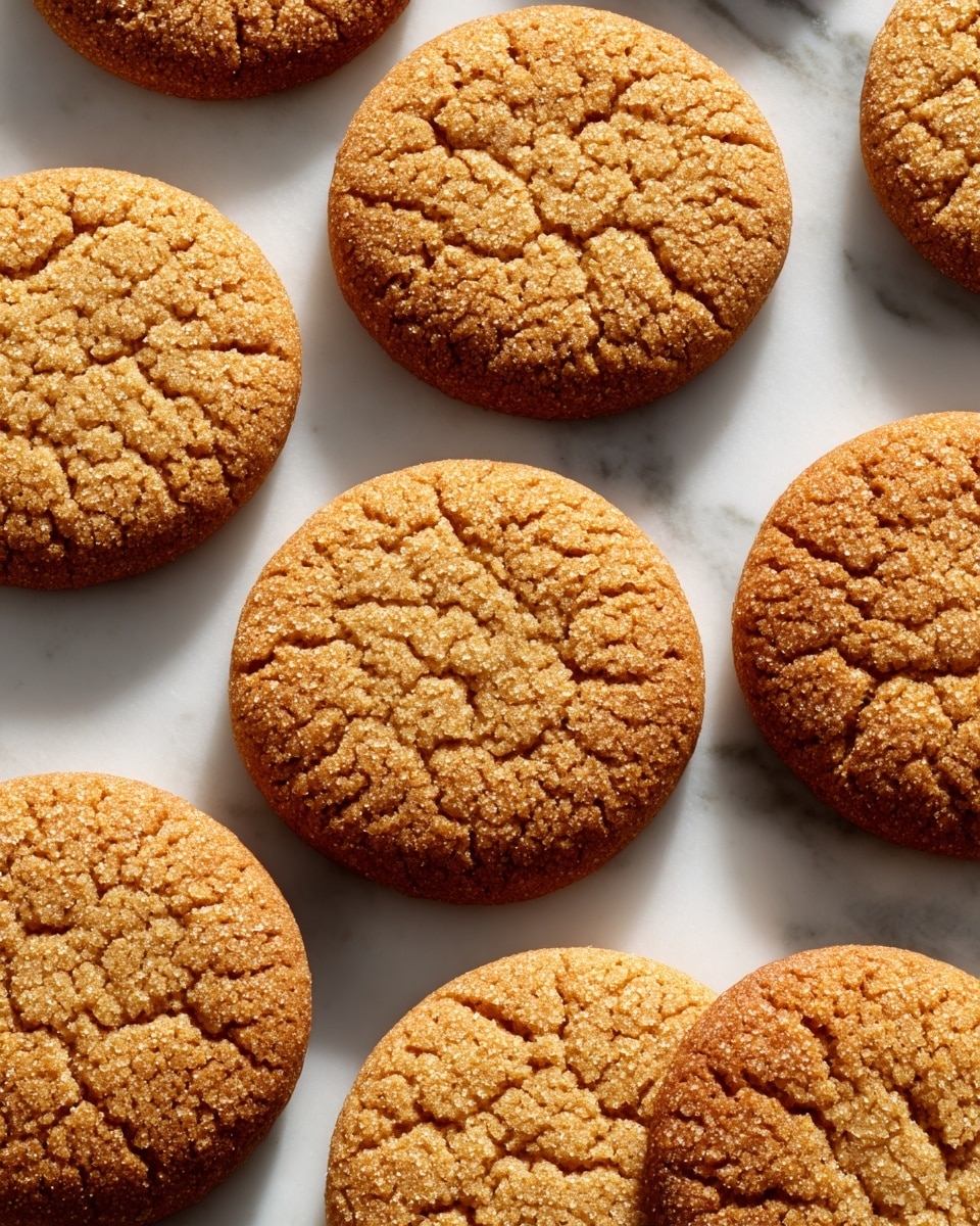 The image shows three large, round cookies stacked on a white plate. The cookies have a rough, cracked surface with a golden-brown color, and granules of sugar sparkle on top, adding a slight texture. The front cookie is broken into two uneven pieces, showing the soft inside that contrasts with the crunchy exterior. The white plate rests on a white marbled surface, and soft natural light highlights the warm tones of the cookies. photo taken with an iphone --ar 4:5 --v 7
