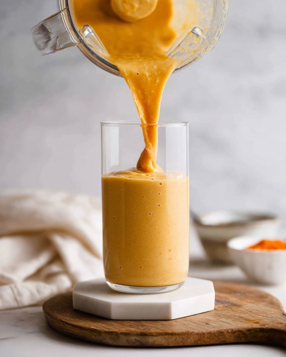 A thick, creamy orange smoothie is being poured from a clear blender into a tall, clear glass filled almost to the top. The smoothie has a smooth texture with tiny bits inside, showing layers of light to medium orange. The glass sits on a white hexagonal coaster placed on a wooden board. In the background, there is a soft white cloth and a small bowl with an orange ingredient, all set on a white marbled surface. photo taken with an iphone --ar 4:5 --v 7