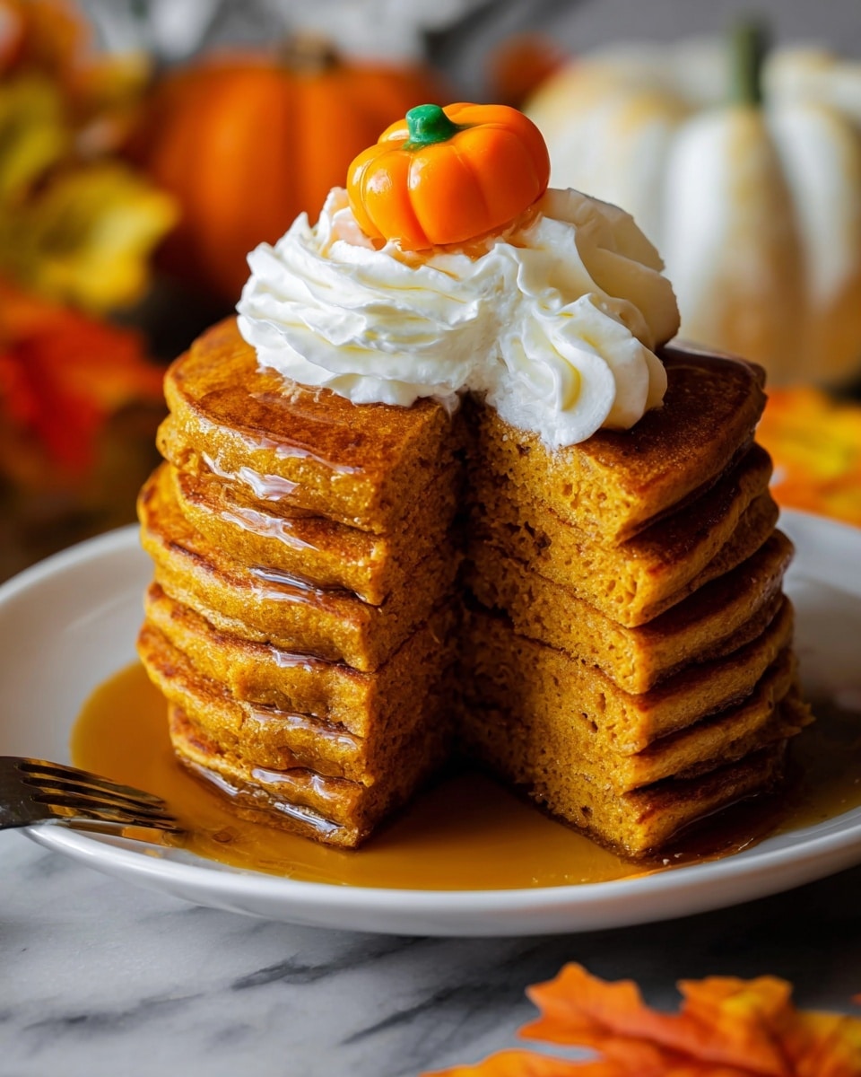 A stack of six thick, golden-brown pumpkin pancakes sits on a white plate, with syrup glistening over each layer. The pancakes have a soft, spongy texture and one slice is taken out, showing the fluffy inside. On top of the stack is a swirl of white whipped cream, decorated with a small orange pumpkin-shaped candy. The plate is placed on a white marbled surface, with some small pumpkins and autumn leaves blurred in the background. Photo taken with an iphone --ar 4:5 --v 7