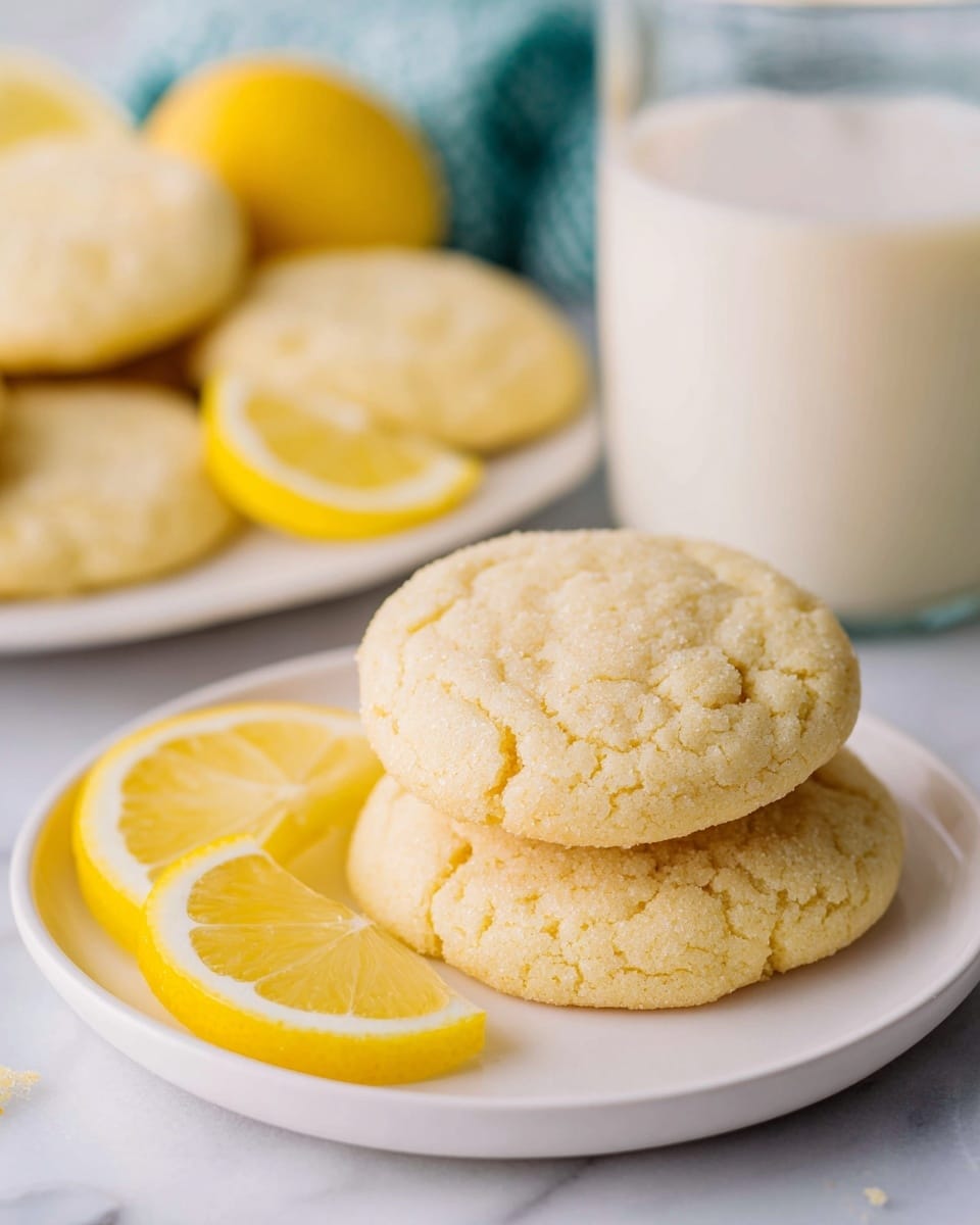 A white plate holds three pale yellow lemon cookies with a soft, slightly cracked texture, placed in a loose stack. Two vibrant yellow lemon slices rest leaning on the cookies on the left side of the plate, adding a fresh contrast. In the background, another white plate filled with more cookies and a lemon is partially visible. To the right, a glass jug filled with milk is placed on a white marbled surface, enhancing the bright and fresh feel of the scene. Photo taken with an iphone --ar 4:5 --v 7