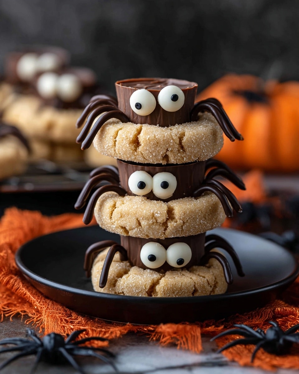 The image shows a stack of three sugar-coated peanut butter cookies arranged vertically on a black plate, each topped with a small chocolate cup placed upside down in the center. Each cookie has two large white candy eyes with black pupils, located near the chocolate cup, and thin lines of dark chocolate drizzled around resembling spider legs. The black plate sits on a white marbled surface with an orange and black cloth underneath, and there are small black plastic spiders scattered around the scene. The focus is close-up with a blurred dark background. Photo taken with an iphone --ar 4:5 --v 7