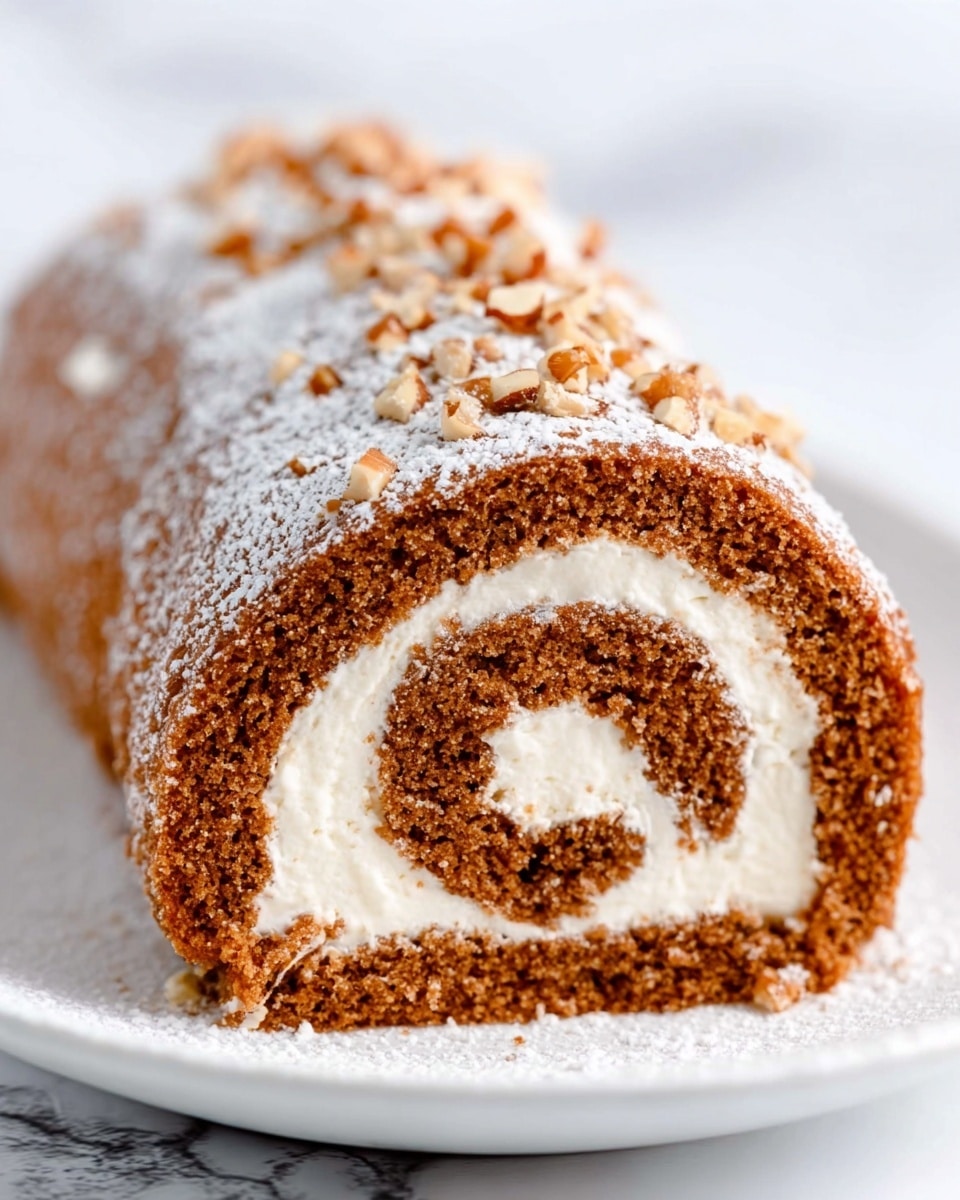 The image shows a close-up of a sliced cake roll placed on a white plate. The cake has a rich brown color with a smooth, creamy white filling rolled evenly inside. The outer layer of the roll is lightly dusted with white powdered sugar, and small bits of nuts are scattered on top. The cake texture looks soft and moist, and the swirl pattern of the filling inside is clear and neat. The background is a white marbled surface, giving a clean and bright look. Photo taken with an iphone --ar 4:5 --v 7