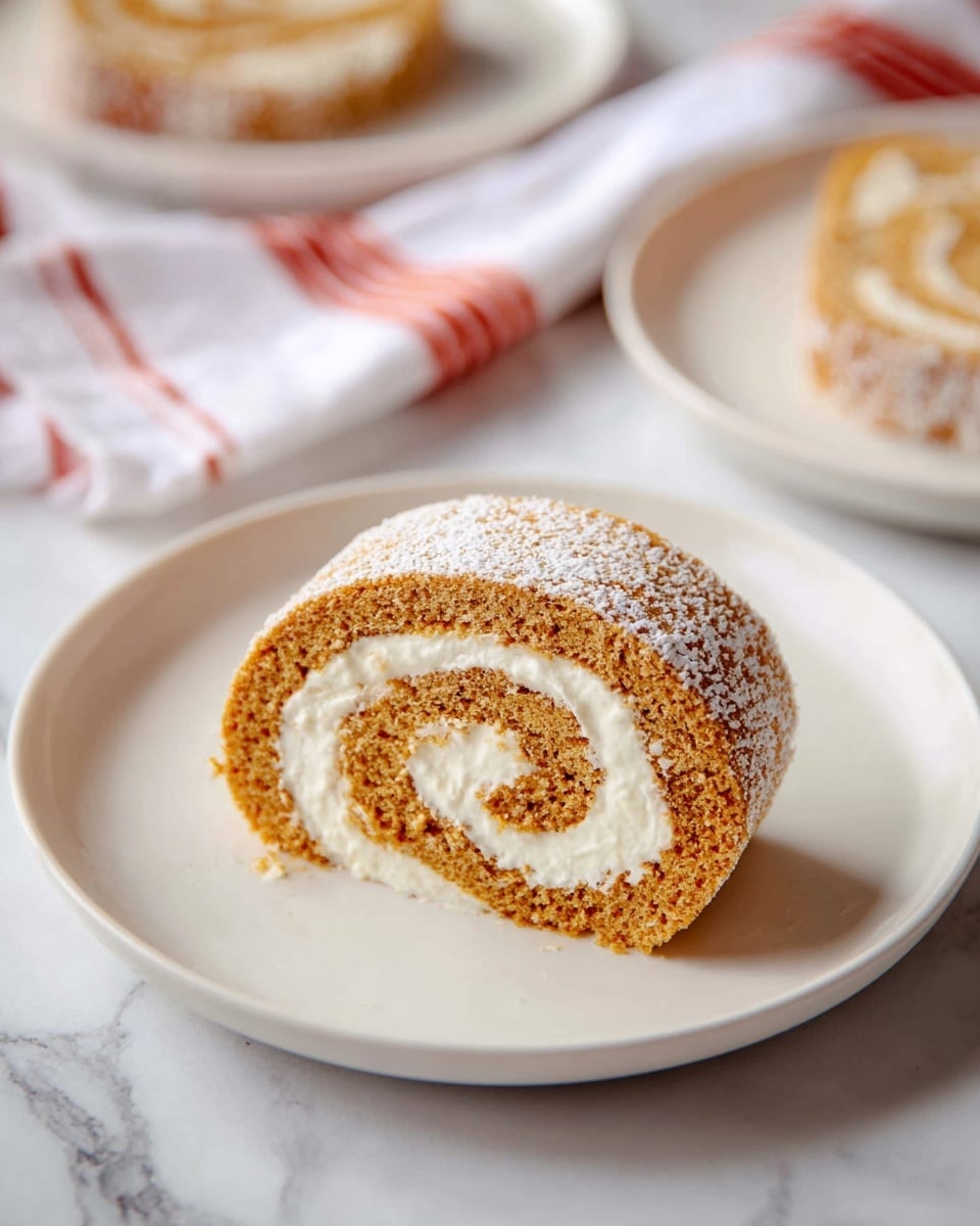 The image shows a single slice of a rolled cake placed on a white plate, which sits on a white marbled surface. The cake has two visible layers: the outer layer is a soft, light brown cake, while the inner layer is a creamy white filling that forms a spiral pattern from the center to the edge. The outside of the cake is dusted lightly with powdered sugar. In the background, there are parts of two more white plates, each holding slices of the same rolled cake, and a white cloth with red stripes is casually placed nearby. The photo taken with an iphone --ar 4:5 --v 7