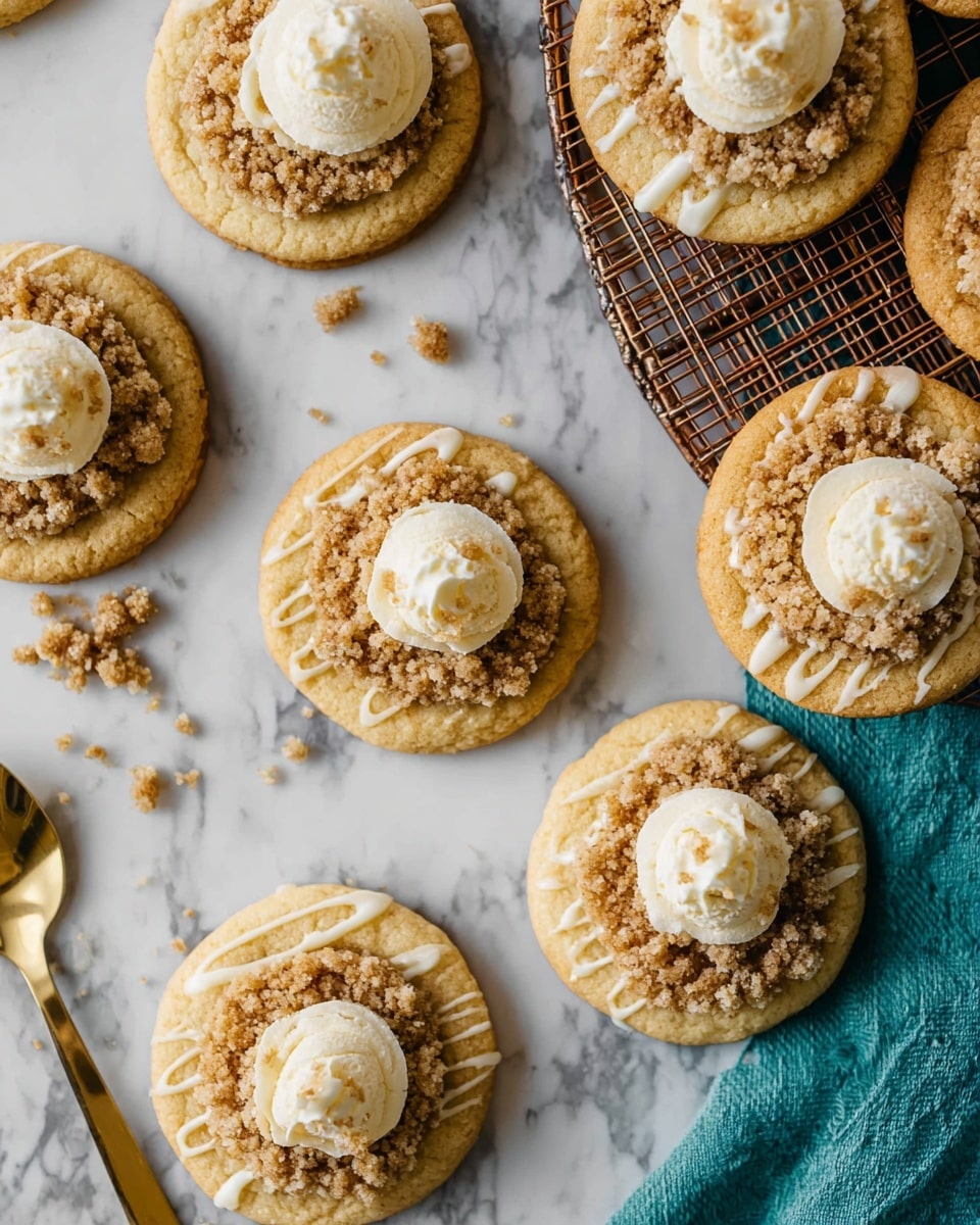 A group of round cookies with a crumbly streusel layer in the center, some topped with a small, round scoop of vanilla cream or frosting, and others just showing the streusel. The cookies have a light golden color with a soft texture. The streusel is a mix of crumbly brown and tan bits. There is a thin drizzle of white icing over some of the cookies. They are placed directly on a white marbled surface, with a few cookies on a round brown cooling rack sitting over a teal cloth. A gold spoon is visible near the bottom left corner. Photo taken with an iphone --ar 4:5 --v 7