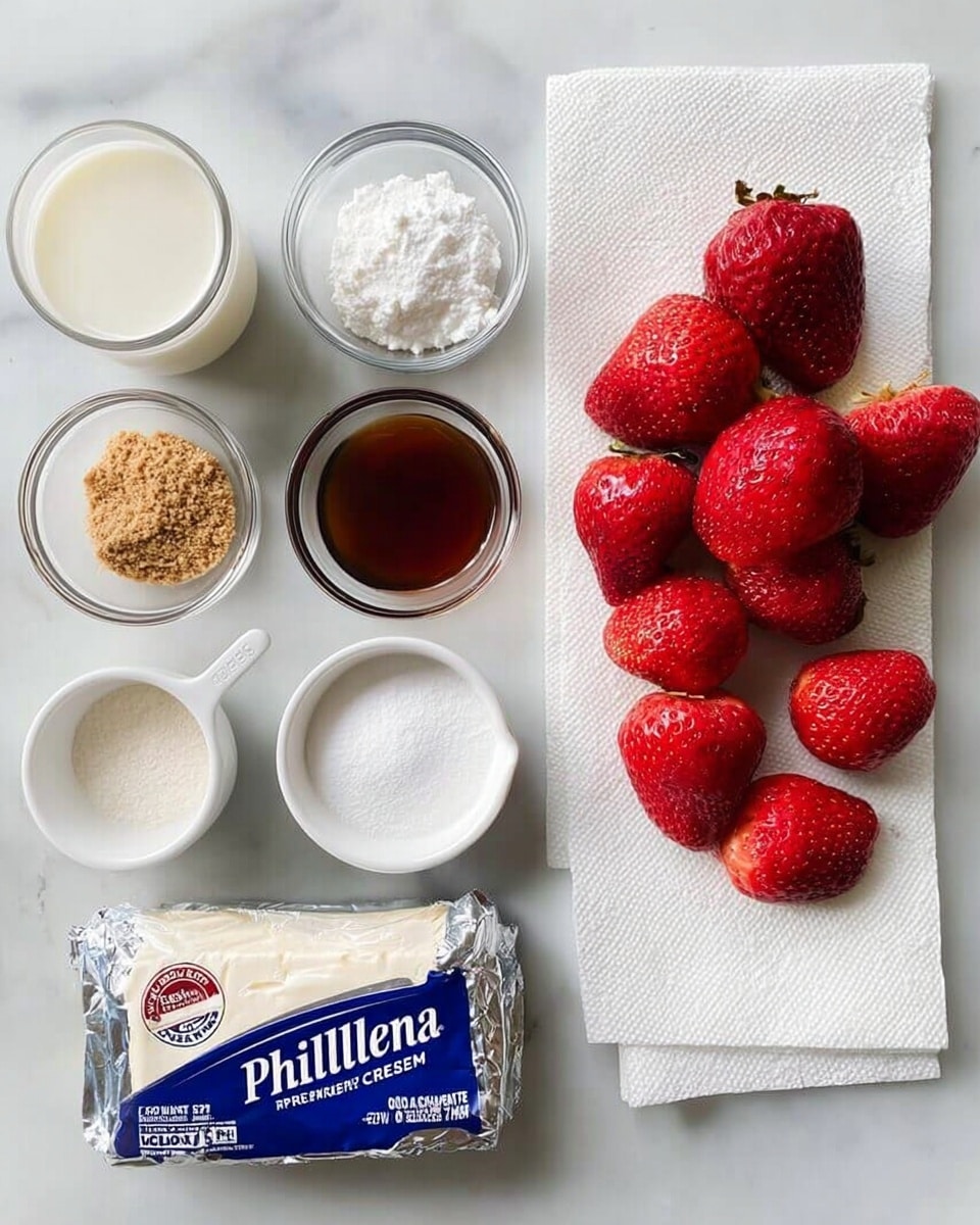 The image shows several ingredients neatly arranged on a white marbled surface. On the left side, there are five small clear glass bowls and a white measuring cup, each containing different ingredients: a glass of milk, a dark brown liquid, crumbly light brown crumbs, a white powder in the measuring cup, and a block of Philadelphia original cream cheese wrapped in silver and blue packaging. On the right side, there is a white paper towel holding a group of red strawberries, some with their tops removed. The colors range from the bright red strawberries to the creamy white of the powdered sugar and cream cheese, all contrasted against the smooth marbled background. photo taken with an iphone --ar 4:5 --v 7