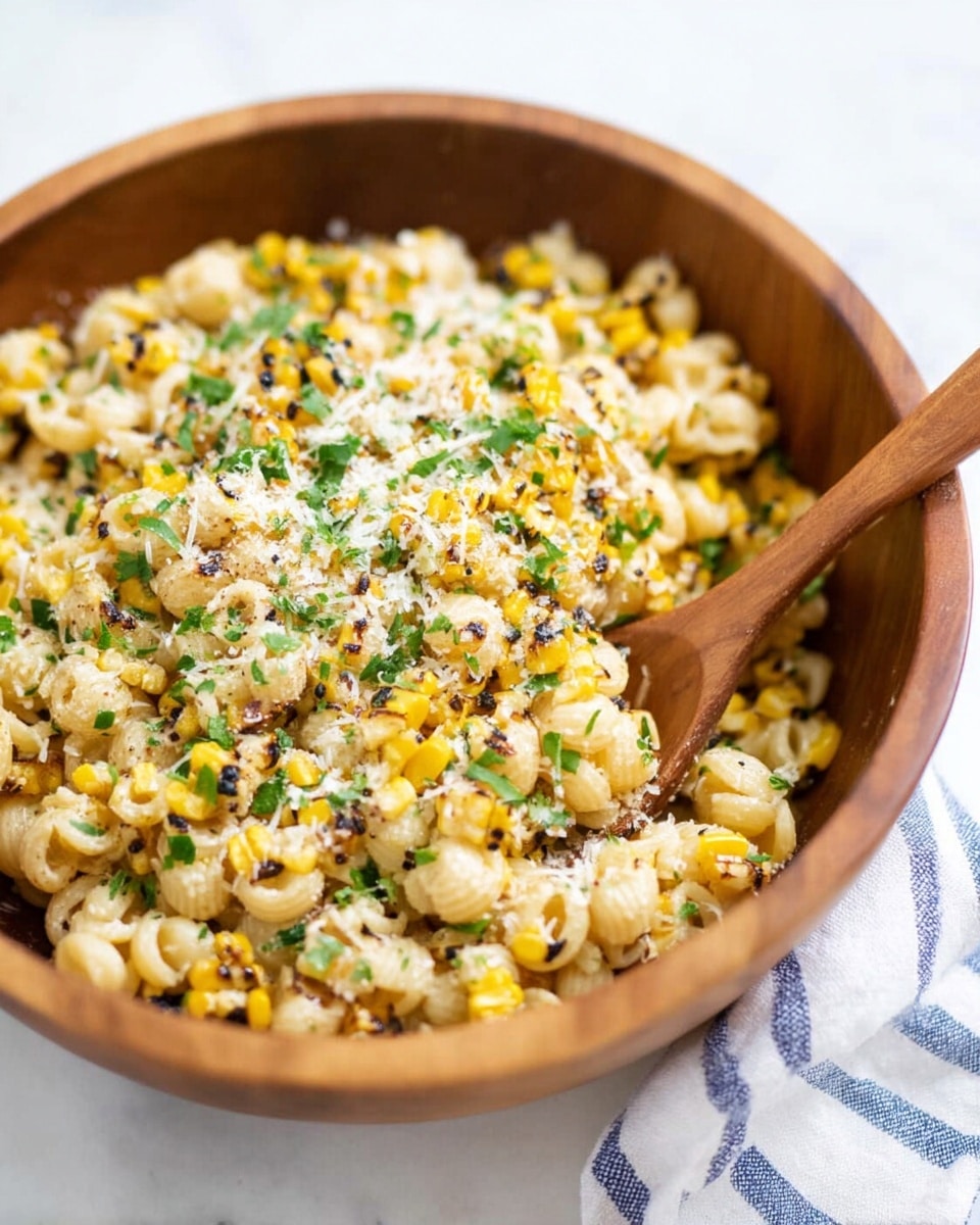 A bowl filled with small round pasta mixed with grilled yellow corn kernels, topped with finely chopped green herbs and a sprinkle of white grated cheese. The pasta and corn mix is creamy and slightly speckled with black grill marks. A wooden spoon is partially inserted into the mixture, all sitting in a smooth wooden bowl on a white marbled surface with a white cloth that has blue stripes underneath. photo taken with an iphone --ar 4:5 --v 7