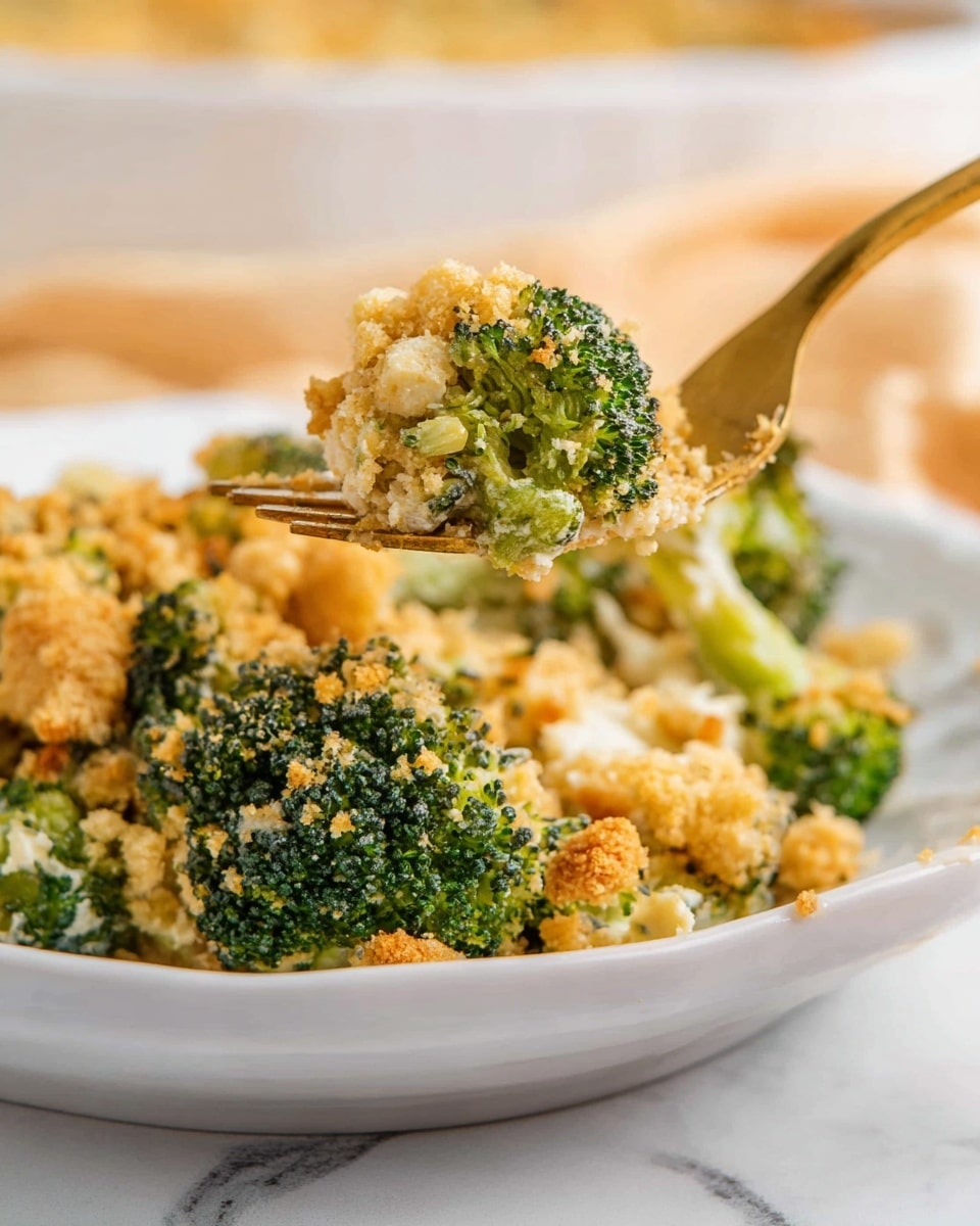 This image shows a close-up of a dish on a white plate with a white marbled surface underneath. The dish has two main layers: bright green broccoli florets with a rough texture at the bottom, and a crumbly, light golden layer of small pieces on top that look like baked cheese or breadcrumbs. A golden fork is lifting a bite from the plate, with the broccoli and crumbly topping mixed together in the fork's tines. The background is softly blurred with warm, light colors. photo taken with an iphone --ar 4:5 --v 7