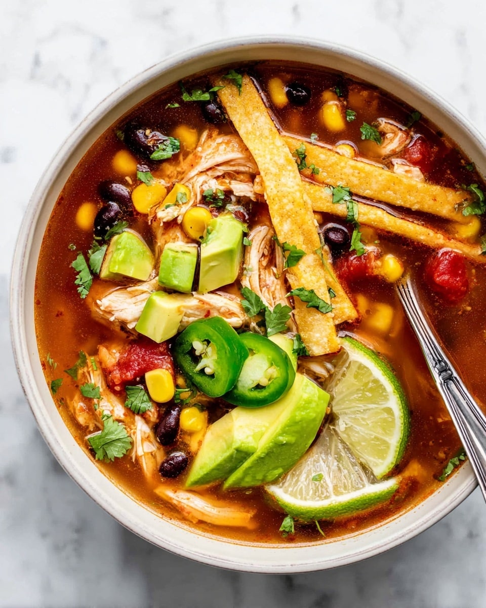 A white bowl filled with colorful chicken tortilla soup sits on a white marbled surface, with a silver spoon resting inside. The soup has a deep reddish-brown broth with visible chunks of cooked chicken, yellow corn kernels, black beans, and small diced tomatoes. On top, there are long crispy golden tortilla strips arranged around the edges, bright green avocado cubes, fresh cilantro leaves scattered for garnish, and two slices of jalapeño placed near a lime wedge that sits on the surface. The layers of ingredients create a vibrant and fresh look. Photo taken with an iphone --ar 4:5 --v 7