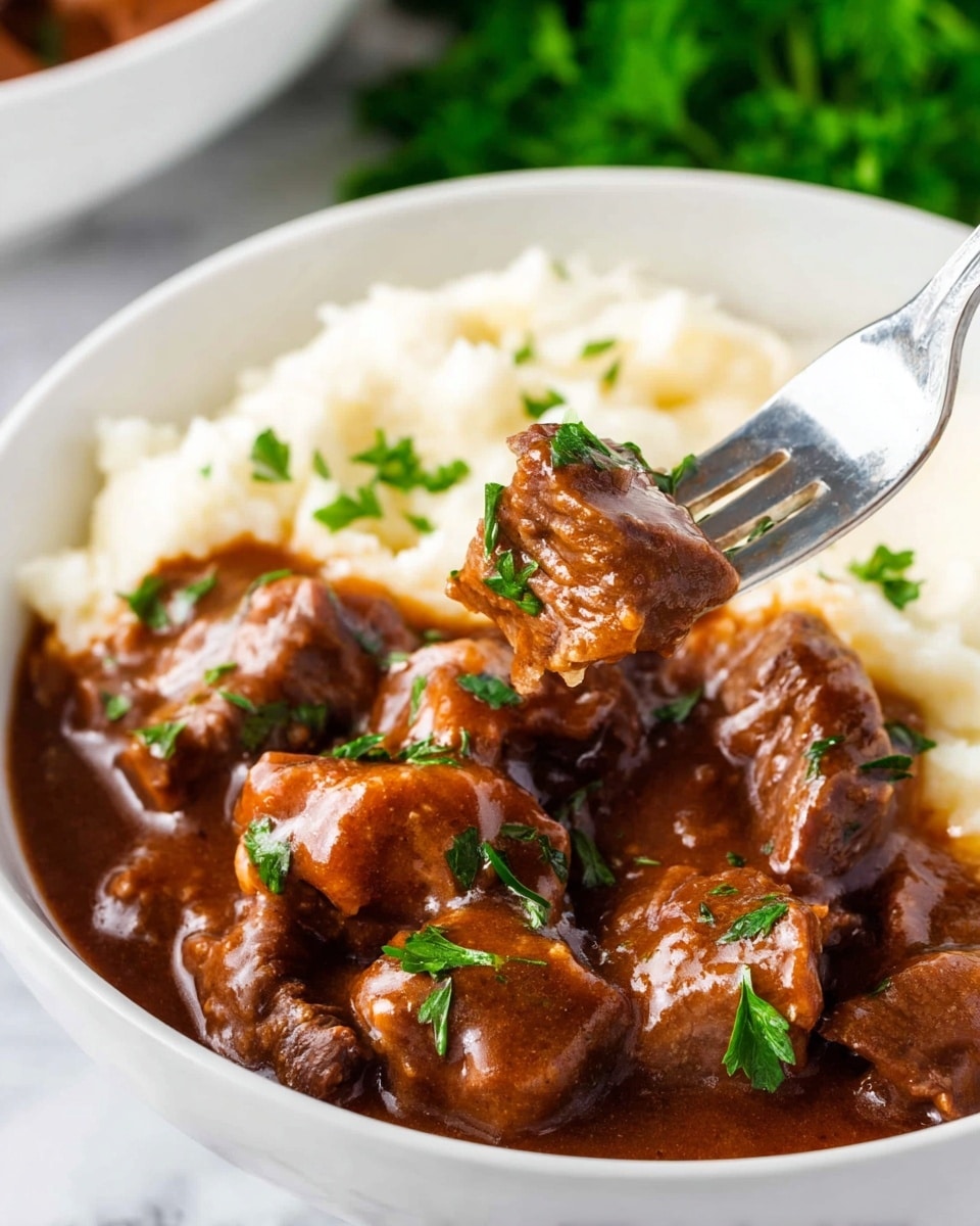 A white bowl filled with three layers: the bottom layer is smooth mashed potatoes that are creamy white, the middle layer consists of rich brown beef stew chunks with a thick, glossy brown gravy covering the meat, and the top layer shows small bright green parsley leaves sprinkled on the stew. A silver fork is pressing into one piece of beef, lifting it slightly, and the bowl is placed on a white marbled surface with green parsley blurred in the background, the lighting soft and natural. Photo taken with an iphone --ar 4:5 --v 7