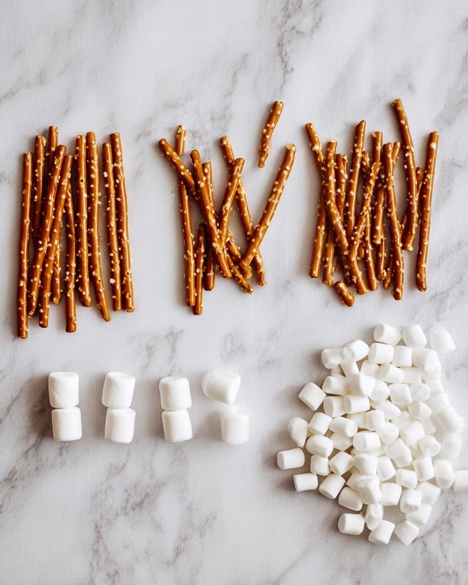 The image shows a white marbled surface with three groups of items arranged from left to right: a pile of long, thin, light brown pretzel sticks with salt crystals; four small pretzel sticks each topped with a white mini marshmallow, spaced evenly in a line; and a loose pile of white mini marshmallows on the right side. Photo taken with an iphone --ar 4:5 --v 7