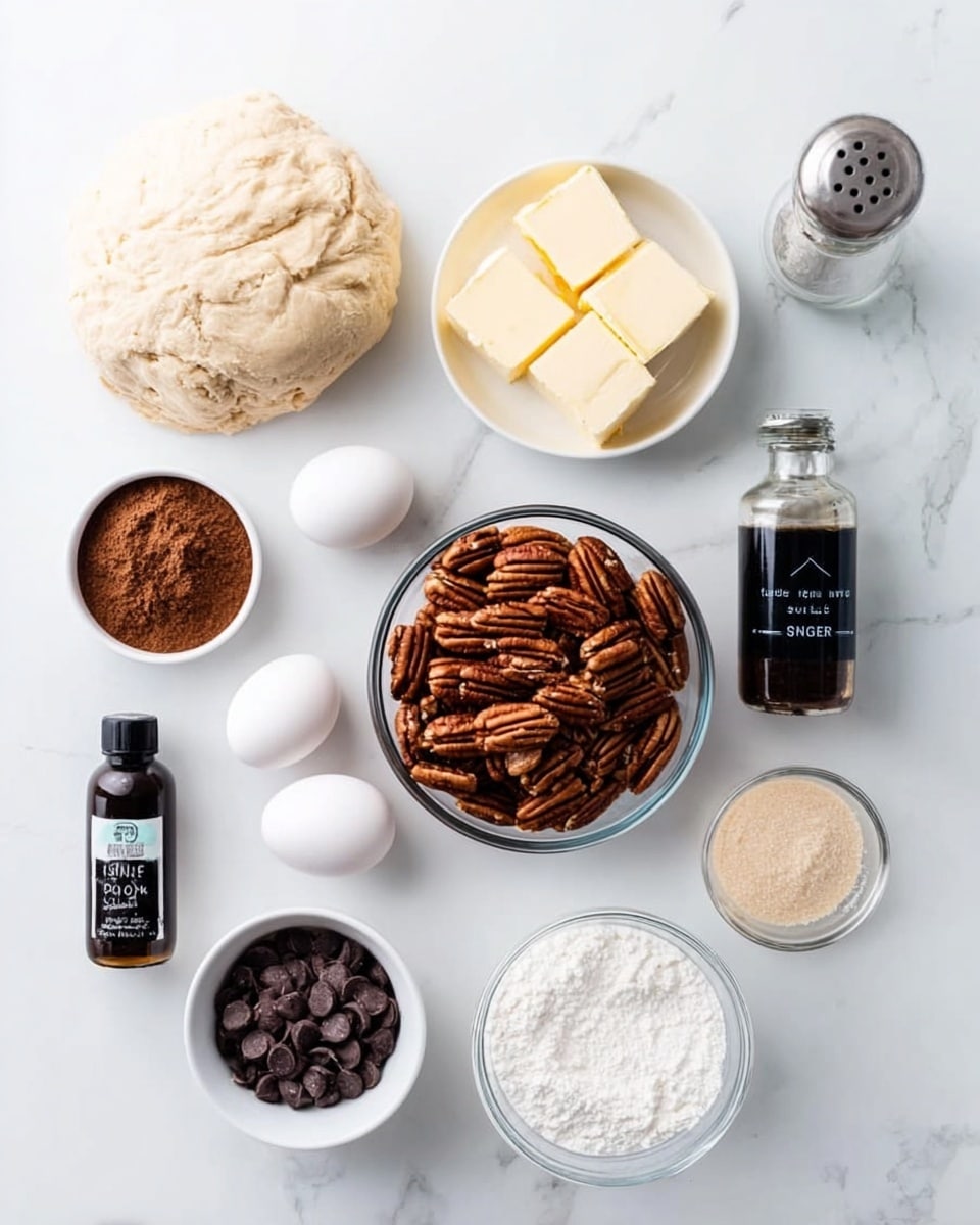 A top-down view of various baking ingredients arranged neatly on a white marbled surface. On the left, a ball of dough with a creased texture sits beside a small white bowl filled with solid butter cubes, and a smaller bowl with brown powder, likely cinnamon. In the center, a clear glass bowl filled with whole pecans is surrounded by two white eggs, a small white bowl filled with dark chocolate chips, and a small bottle of black vanilla extract. To the right side, a glass measuring cup contains a clear liquid, and a small bowl holds light brown sugar. A clear salt shaker with black label that says
