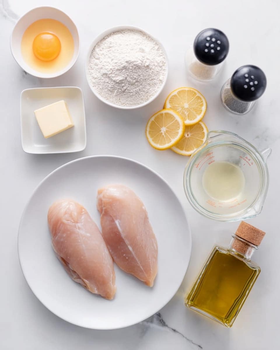 The image shows two raw chicken fillets placed side by side on a white plate in the center. Around the plate, there are several items arranged on a white marbled surface: three lemon slices above the plate, a transparent measuring cup with a light yellow liquid to the right, a clear bottle of olive oil with a wooden cap below the measuring cup, and salt and black pepper bottles side by side above the bottle of oil. On the top left, there is a white bowl with a raw egg inside, a small white square dish with a butter piece, and a medium glass bowl filled with flour. The colors are soft and clean, and all elements are spaced evenly for a neat look. Photo taken with an iphone --ar 4:5 --v 7