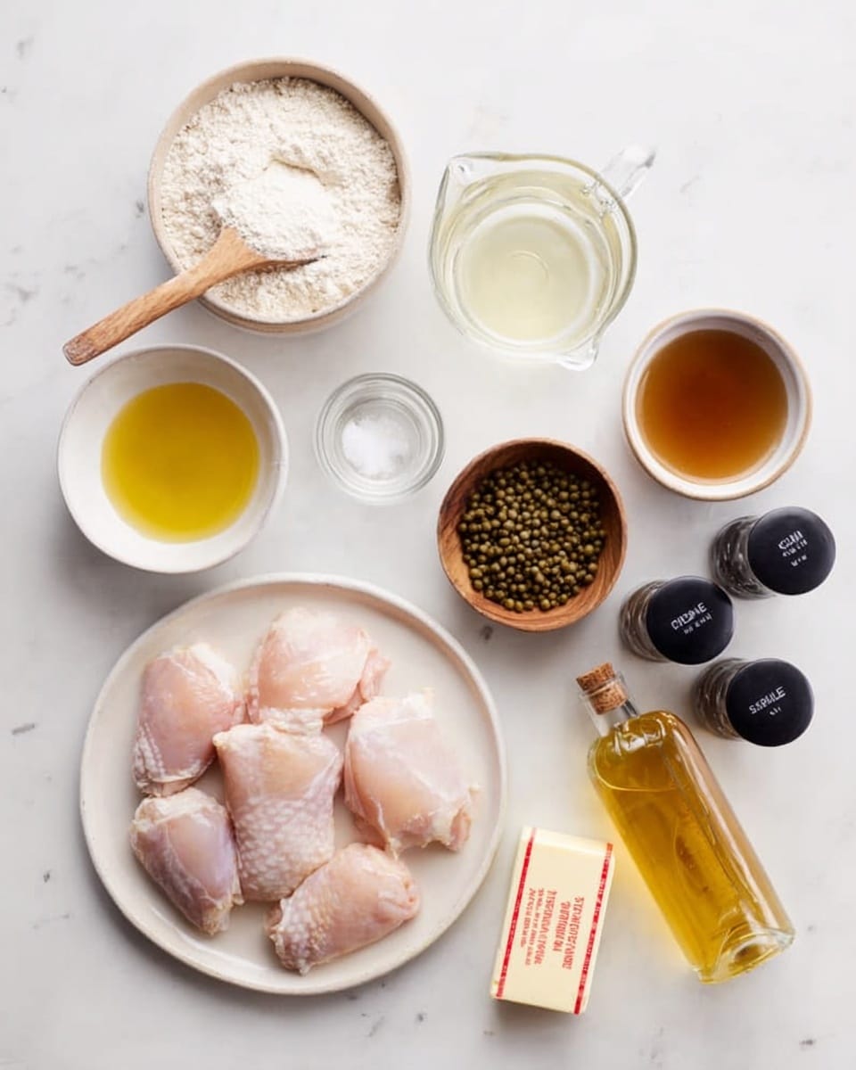 The image shows raw chicken pieces placed on a white plate in the center, surrounded by various ingredients on a white marbled surface. There is a bowl of flour with a wooden spoon to the left, a light yellow liquid in a small glass jug above, clear liquid in a glass measuring cup below, and brown liquid in another glass jug on the right side above the chicken. Next to the chicken on the right, there are salt and black pepper shakers with black labels. Below those is a small wooden bowl filled with green capers, and next to it is a bottle with a golden-yellow liquid and a pour spout. Below the chicken near the center is a stick of butter with red markings on its wrapper. photo taken with an iphone --ar 4:5 --v 7