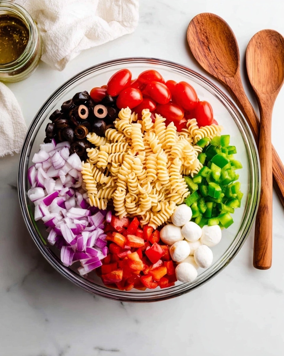 A clear glass bowl sits on a white marbled surface, filled with six distinct layers arranged side by side. Starting from the top left, small black olive slices create a dark and shiny texture. Next to them, halved bright red grape tomatoes add a glossy and fresh look. In the center lies a nest of light yellow cooked rotini pasta with a soft, smooth texture. The top right area shows finely chopped green bell peppers, vibrant and crisp. On the bottom right, there are small diced pieces of red bell peppers with a firm texture. The bottom left section contains thick slices of purple-red onions, and next to them, small white mozzarella balls, smooth and round, complete the colorful layers. To the right of the bowl, two wooden salad spoons rest on the white marbled surface. A glass jar with dressing is placed above the bowl, and a white cloth is partially visible on the top left corner. photo taken with an iphone --ar 4:5 --v 7