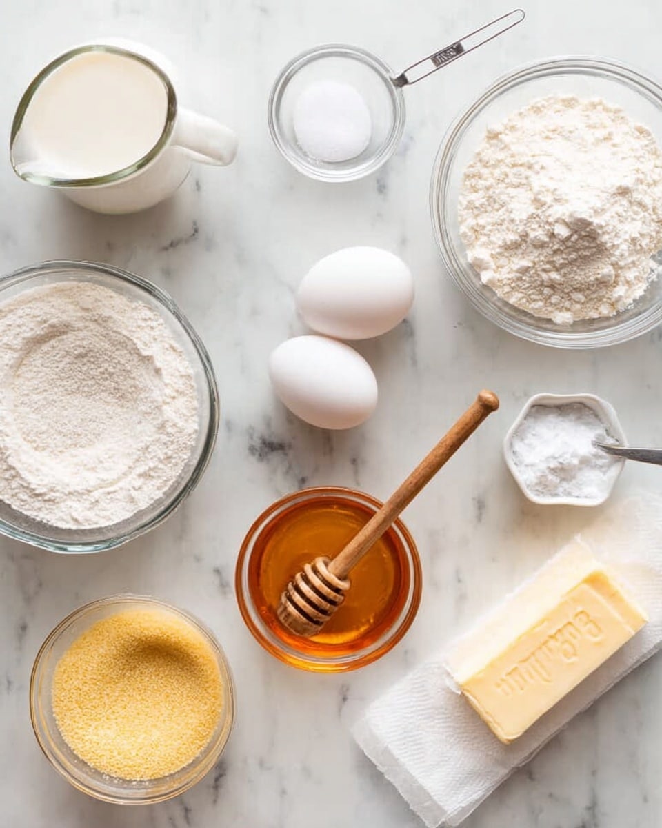 A white marbled surface holding neatly arranged ingredients including a small glass pitcher of milk at top left, a white measuring cup of sugar below it, two white eggs side by side in the center, a clear small bowl with a spoon of white powder above the eggs, a glass bowl full of white flour top right, an orange glass bowl of honey with a wooden honey dipper next to the eggs on the right, a white measuring cup filled with yellow cornmeal bottom left, a small clear bowl with white powder near the bottom center, and a stick of salted butter wrapped in white paper at the bottom right. Photo taken with an iphone --ar 4:5 --v 7