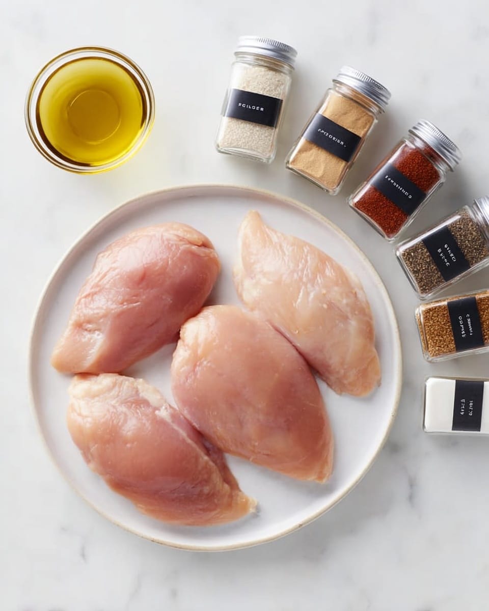 A white plate holding three raw chicken breasts with a soft pink color is placed on a white marbled surface. Around the plate are six clear glass spice jars with black lids and simple black-and-white labels reading salt, garlic powder, onion powder, smoked paprika, black pepper, and chili powder. To the upper left of the plate, there is a small glass bowl filled with a golden yellow liquid, likely olive oil. The whole setup is clean and neatly arranged. photo taken with an iphone --ar 4:5 --v 7