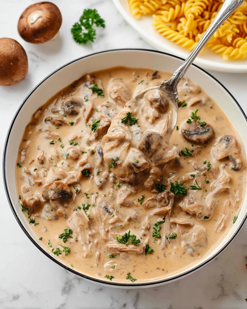 A white shallow bowl with a thin black rim holds creamy mushroom sauce with small pieces of light brown mushrooms and thin strips of cooked meat, all covered in a light brown creamy sauce, scattered with small green parsley leaves on top. A silver spoon is scooping some sauce from the left side of the bowl. Around the bowl, there are some whole brown mushrooms and part of a white plate with yellow spiral pasta visible on a white marbled surface. Photo taken with an iphone --ar 4:5 --v 7