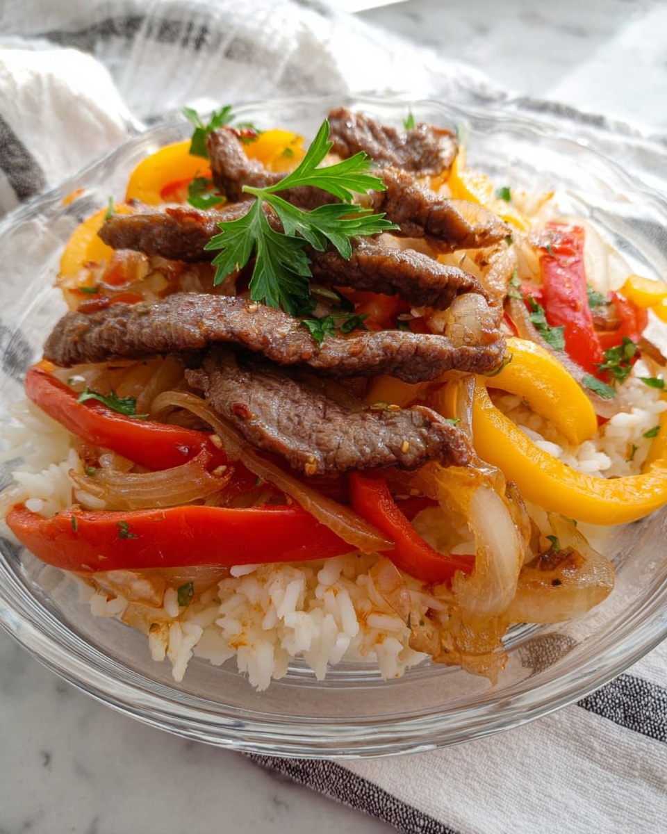 The dish is served on a clear glass plate placed on a white marbled surface. There are three clear layers; the bottom layer consists of soft white rice mixed lightly with some cooked tomato pieces. On top of the rice are sautéed strips of yellow and red bell peppers mixed with cooked onions, showing a shiny, tender texture. The top layer has several brown strips of cooked beef arranged irregularly, garnished with a few fresh green parsley leaves that add color contrast. The whole presentation looks warm and home-cooked. photo taken with an iphone --ar 4:5 --v 7