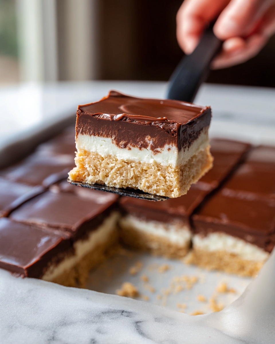 Heavenly Squares Recipe 5 The image shows a close-up of a square dessert bar held by a woman's hand using a utensil. The bar has three visible layers: the bottom layer is a light brown, crumbly texture with small nut pieces, the middle layer is a thin creamy white layer, and the top layer is a thick, smooth, and glossy dark chocolate coating with slight ripples. The dessert is lifted out of a white baking pan, revealing an empty space where the bar was removed, and the remaining bars in the pan are covered in the same shiny dark chocolate layer. The background is a white marbled surface with blurred greenery outside a window. Photo taken with an iphone --ar 4:5 --v 7
