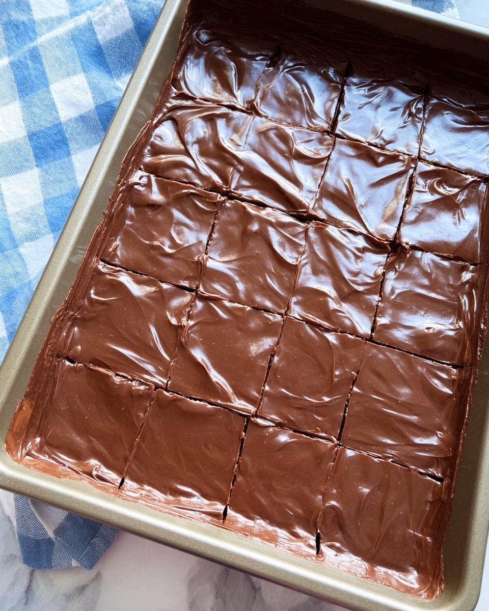 A pan filled with a smooth, glossy dark chocolate layer that is evenly spread and cut into 15 square pieces arranged in a 3 by 5 grid. The chocolate surface has a shiny texture with some gentle swirls and soft reflections of light, giving it a rich and inviting look. The pan is pale gray and sits on a white marbled surface, with a blue and white checkered cloth partially visible on the left side. photo taken with an iphone --ar 4:5 --v 7
