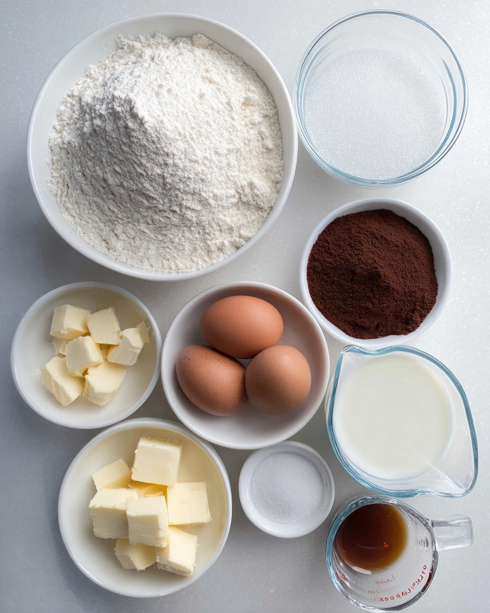 Denver Chocolate Sheet Cake Recipe 4 The image shows eight white bowls and two clear measuring cups arranged on a white marbled surface. In the center is a bowl piled high with white flour. Around it are bowls with white granulated sugar, cocoa powder with a dry texture, salt, and two whole eggs placed side by side in their bowl. One bowl contains small cubes of pale yellow butter, and another has a small amount of dark brown liquid, likely vanilla extract. The two clear measuring cups hold a small amount of milk and a clear liquid, probably water. The setup appears neat and ready for baking. photo taken with an iphone --ar 4:5 --v 7