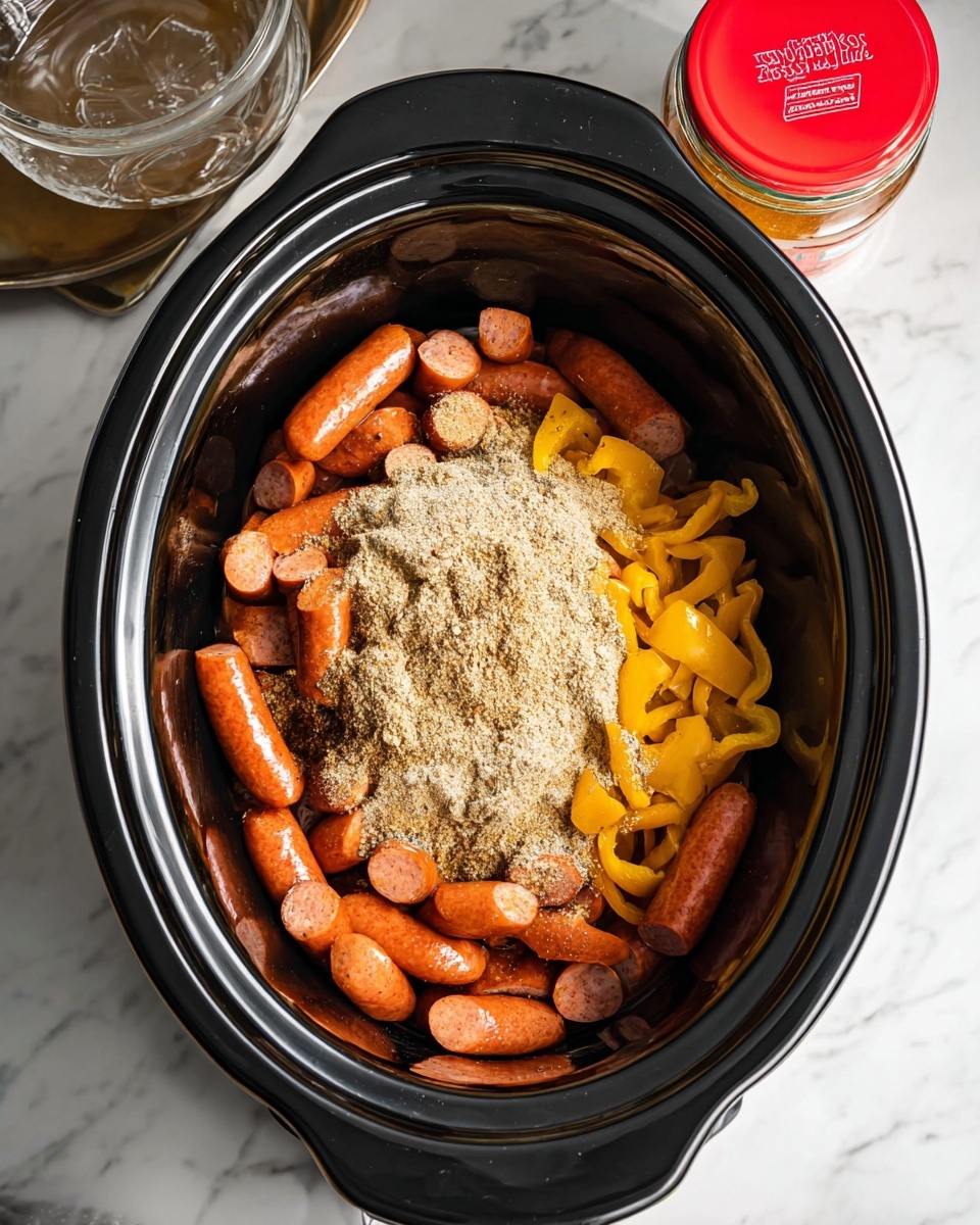 Inside a black slow cooker, there are three visible layers: the bottom layer is a pile of small orange sausages, the middle layer consists of a heap of yellow sliced pickled peppers scattered evenly across the sausages, and the top layer is a light brown powdered spice sprinkled over the peppers and sausages. The slow cooker sits on a white marbled surface with a clear glass tray of butter pieces, a small glass container of seasoning, and a jar with a red lid beside it. Photo taken with an iphone --ar 4:5 --v 7