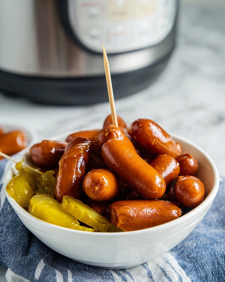 A white bowl holds a pile of small, cooked sausages with a shiny, brown-orange color and smooth texture, arranged closely together. Mixed among the sausages are soft, sliced yellow-green pickled peppers with a slightly wrinkled look. A wooden toothpick is stuck upright in the middle sausage near the top of the bowl. The bowl sits on a white marbled surface with a blue and white striped cloth partly visible underneath. In the background, a metallic slow cooker with a black rim and control panel sits blurred. photo taken with an iphone --ar 4:5 --v 7