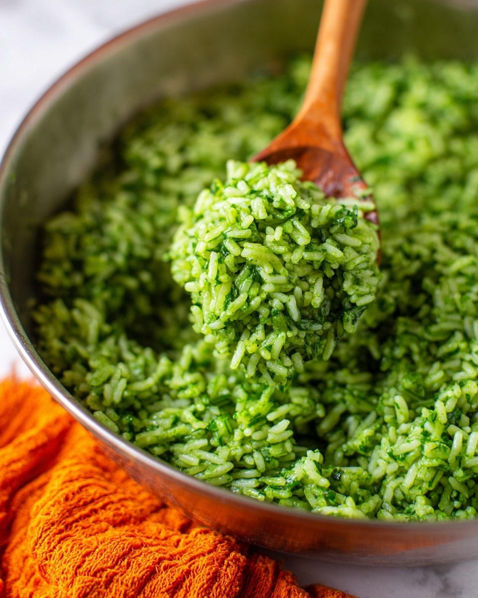 A close-up of a large silver metal bowl filled with bright green rice mixed with chopped herbs or spinach. The rice grains are soft, coated evenly with the green sauce, and slightly sticky. A wooden spoon is lifted in the middle, scooping some rice, with the green rice clumped around it. In the blurry background, there is an orange cloth with a textured pattern, all set on a white marbled surface. photo taken with an iphone --ar 4:5 --v 7