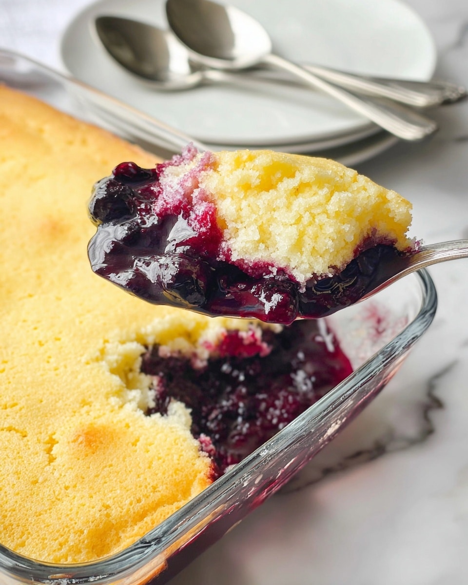 The image shows a close-up of a spoon holding a portion of a two-layer dessert. The top layer is a light golden-yellow cake with a soft and slightly crumbly texture. Underneath, there is a thick, dark purple berry filling that looks juicy and rich. The dessert is in a clear glass rectangular baking dish, resting on a white marbled surface. In the background, there is a white plate with two silver spoons on it. The whole scene is bright and inviting, focusing on the contrast between the golden cake and the dark berry filling. Photo taken with an iphone --ar 4:5 --v 7