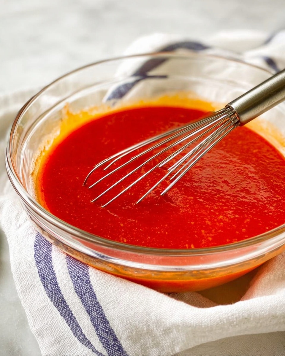 A clear glass bowl filled with a smooth red sauce that has a slightly shiny surface, with a silver whisk resting inside the sauce. The bowl sits on a white marbled background with a white cloth and a towel with blue stripes placed around it. The red sauce is thick and fills most of the bowl, showing some bubbles around the sides. Photo taken with an iphone --ar 4:5 --v 7