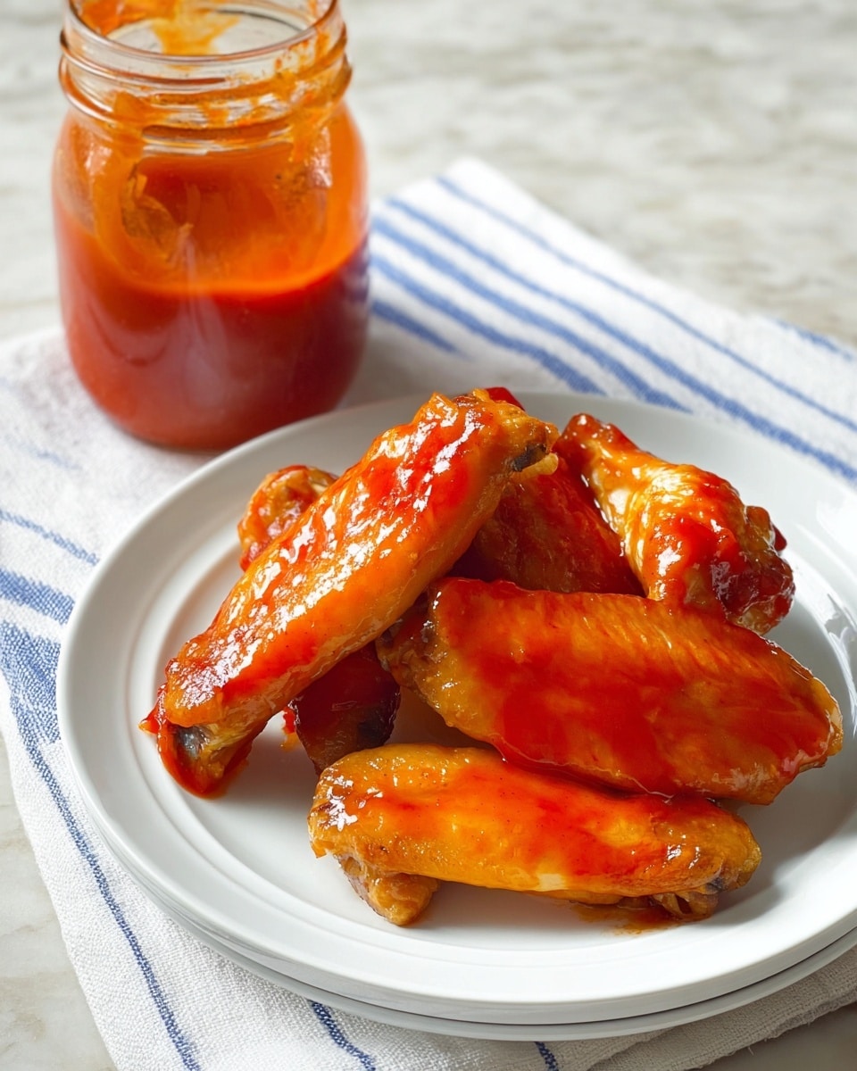 The image shows a white plate holding four shiny, orange-red sauced chicken wings stacked with some overlapping, giving a sense of juiciness and glaze. The sauce is smooth and glossy, evenly covering the wings, highlighting their texture with small ridges and curves on each wing. Behind the plate, there is a jar filled with a similar orange-red sauce, placed on a white cloth with blue stripes, all set on a white marbled surface. The photo taken with an iphone --ar 4:5 --v 7