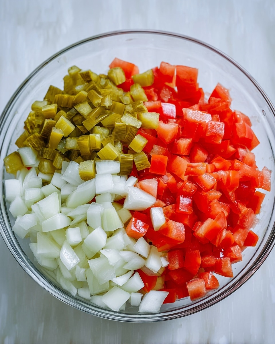 A clear glass bowl sits on a white marbled surface, filled with three layers of diced vegetables neatly arranged side by side. The bottom layer is pale white chopped onions with a soft texture, the middle layer is bright red diced tomatoes with a juicy look, and the top layer is greenish-yellow chopped pickles with a slightly glossy shine. The colors contrast sharply against each other, making the vegetables look fresh and ready to mix. Photo taken with an iphone --ar 4:5 --v 7