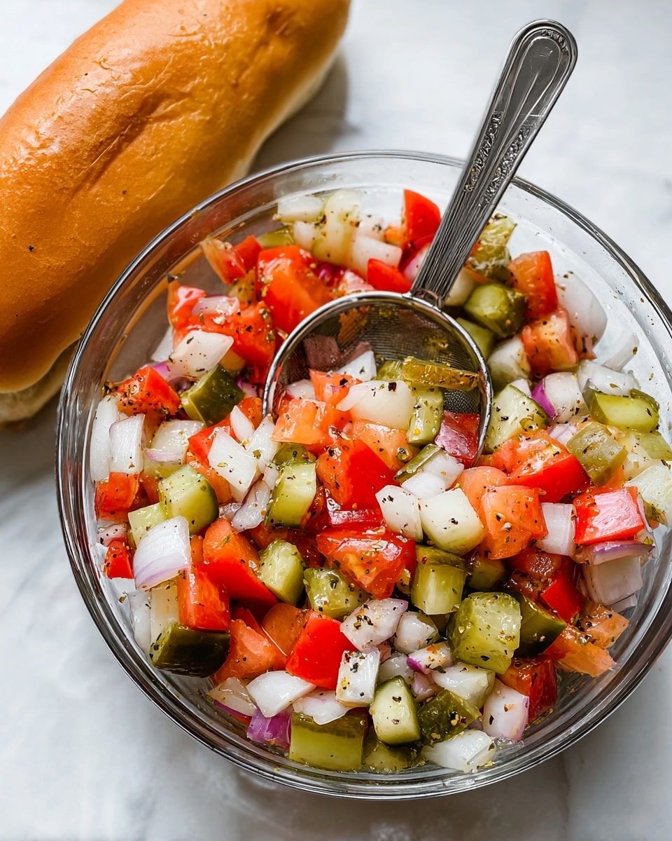 A glass bowl is filled with a colorful mix of chopped vegetables including bright red tomatoes, white onions, and green pickles, each piece cut into small cubes and sprinkled with black pepper and herbs. A metal small strainer with a long handle is resting inside the bowl, partially submerged in the vegetable mixture. Behind the bowl, there is a golden brown sandwich roll placed on a white marbled surface. The whole scene is bright and fresh, showing the crisp textures and vibrant colors of the vegetables, photo taken with an iphone --ar 4:5 --v 7