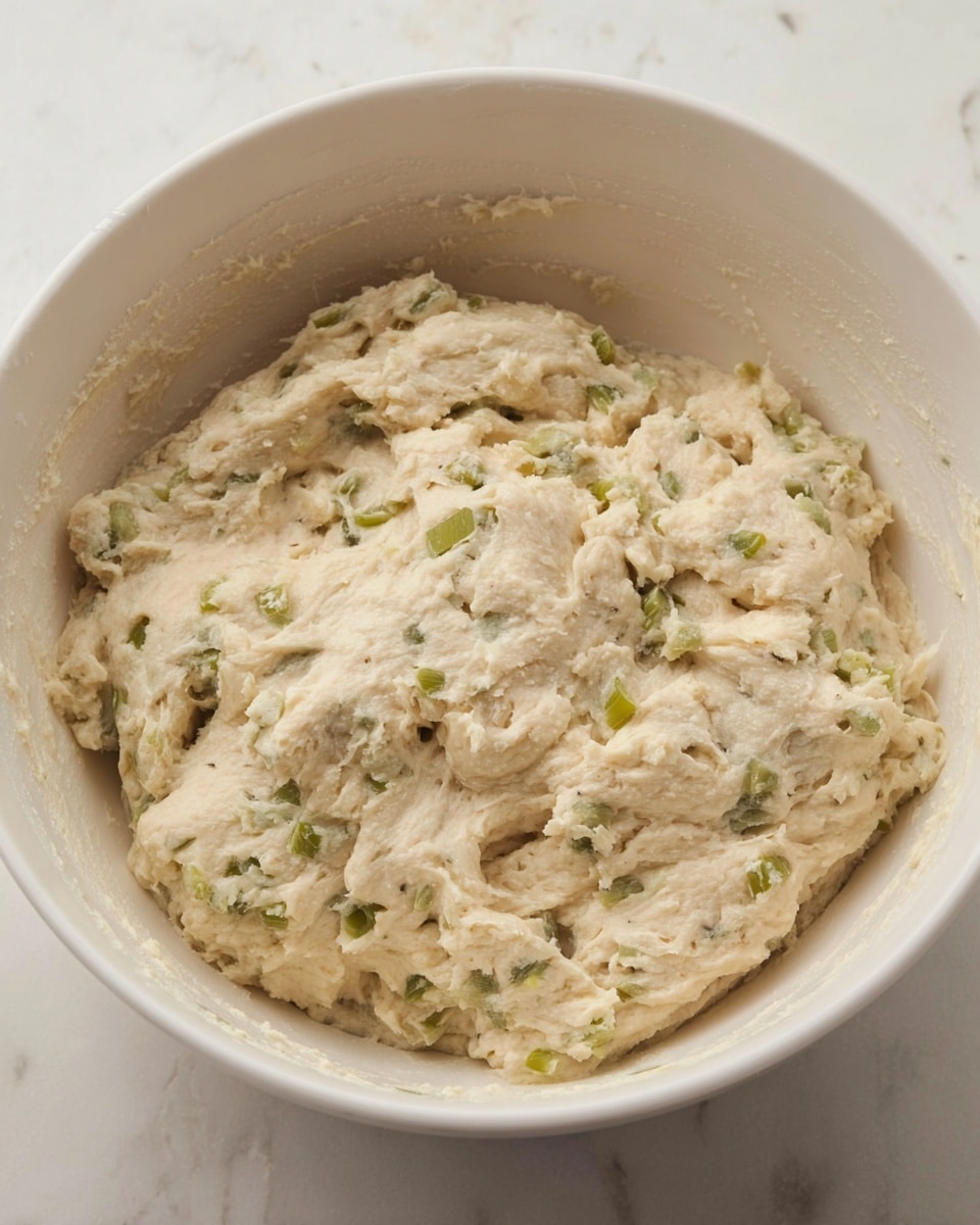 The image shows a close-up of thick dough mixed with small pieces of green vegetables in a white bowl. The dough looks soft and sticky with a slightly rough texture, and the green bits are scattered evenly throughout. The bowl has a smooth, clean white surface, and the background is a white marbled texture that adds a light, bright feel to the scene. photo taken with an iphone --ar 4:5 --v 7