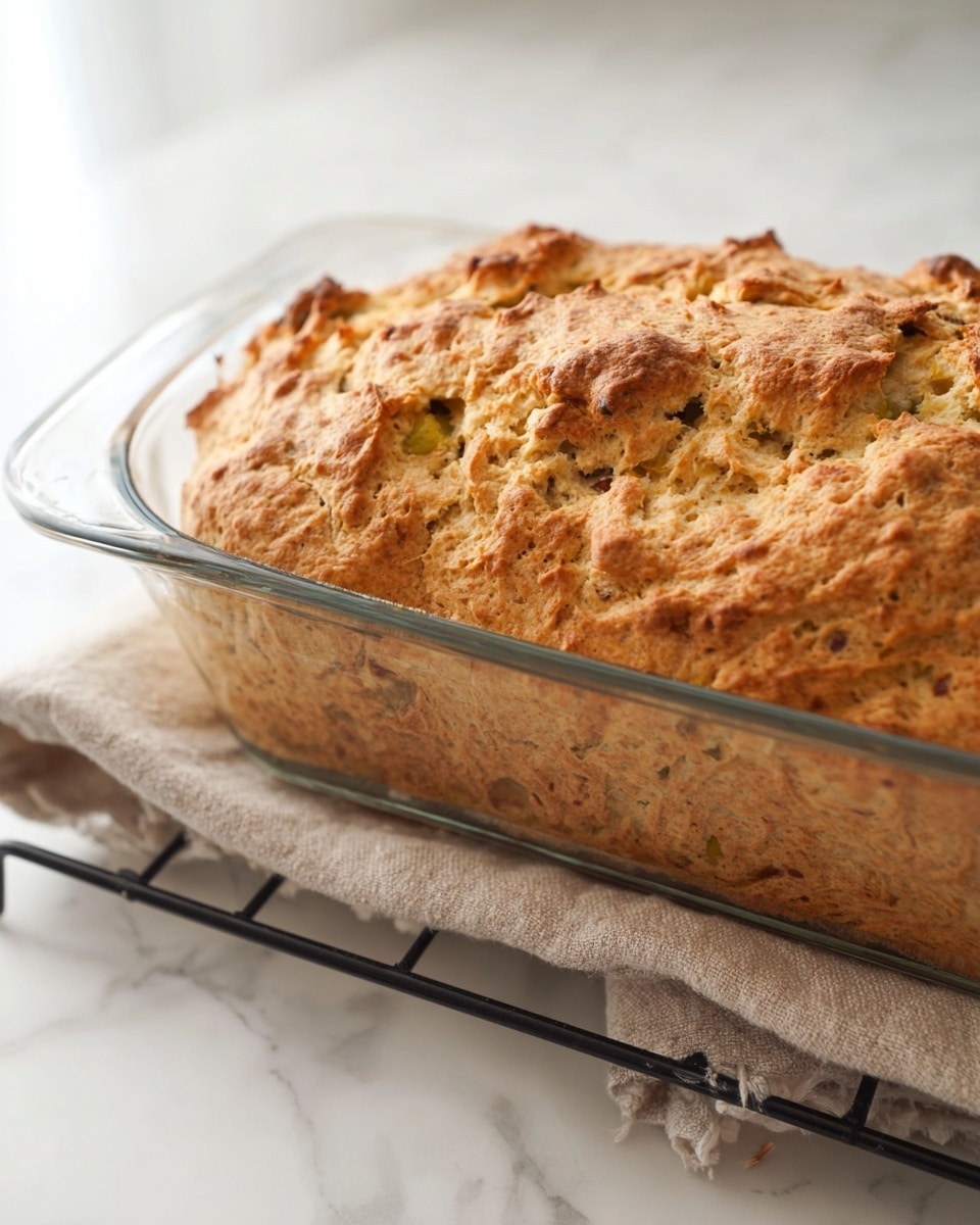 A close-up of a freshly baked loaf in a clear glass baking dish showing one thick, uneven layer with a golden brown crust and a rough, bumpy texture. The bread surface has small dark spots and greenish bits embedded inside it. The glass dish sits on a black metal rack with a beige cloth underneath, all placed on a white marbled surface. Photo taken with an iphone --ar 4:5 --v 7